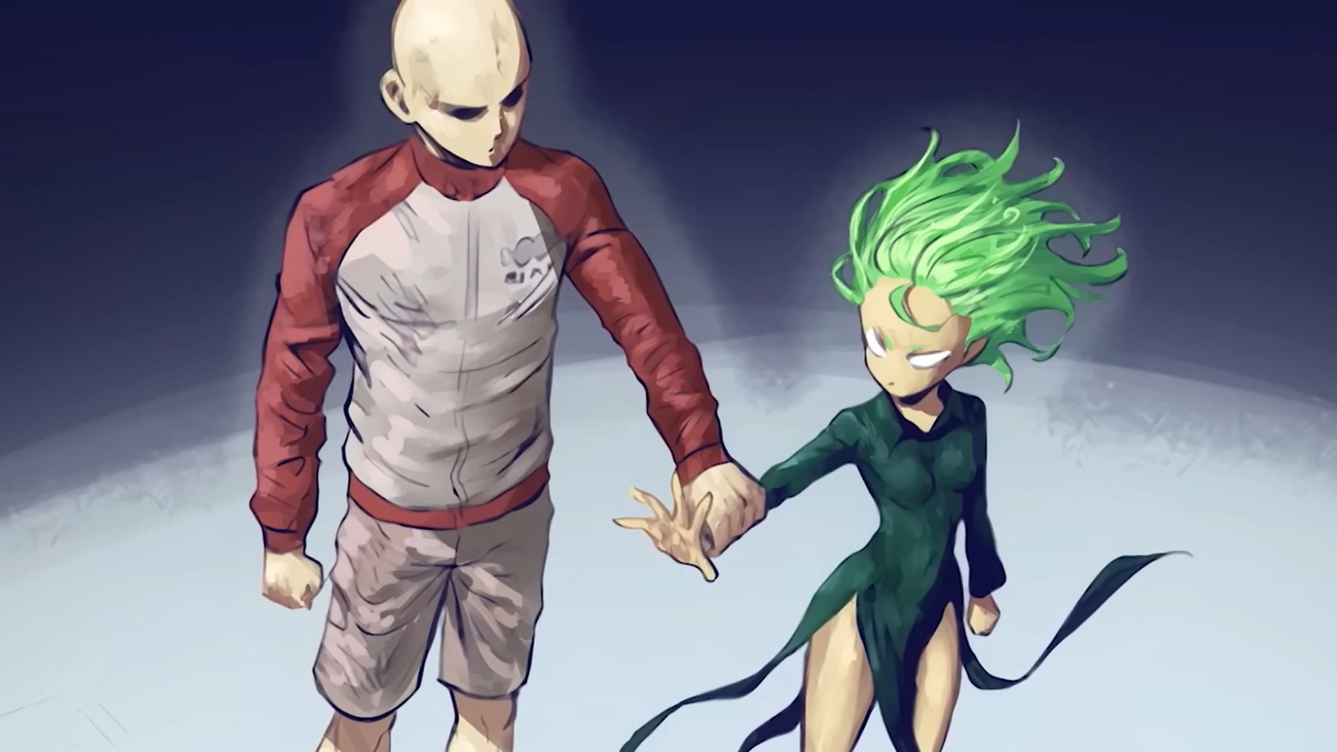 Saitama stops Tatsumaki from attacking the Blizzard group (Image via Twitter/@KusunokiColors)