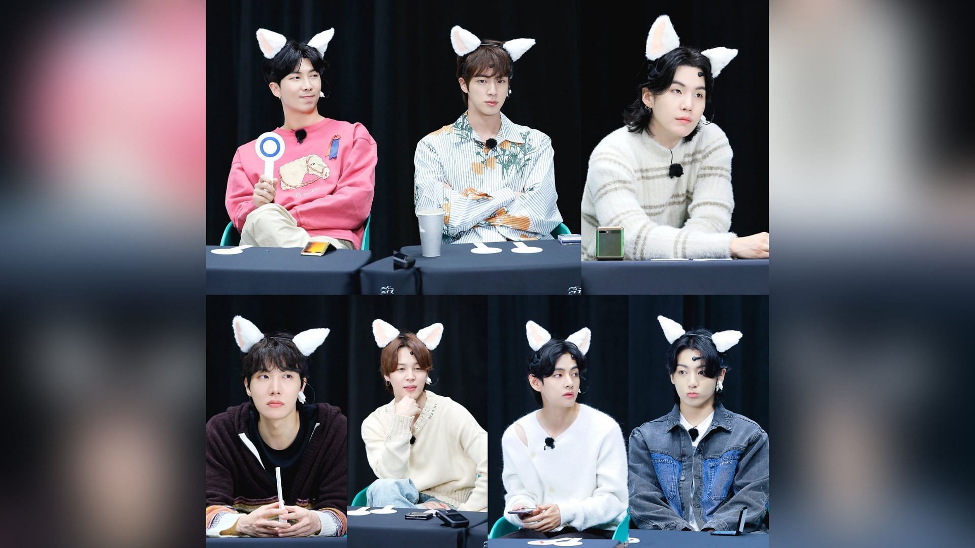 All seven members of BTS wearing cat ears, in stills from the Run BTS special episode in 2023.