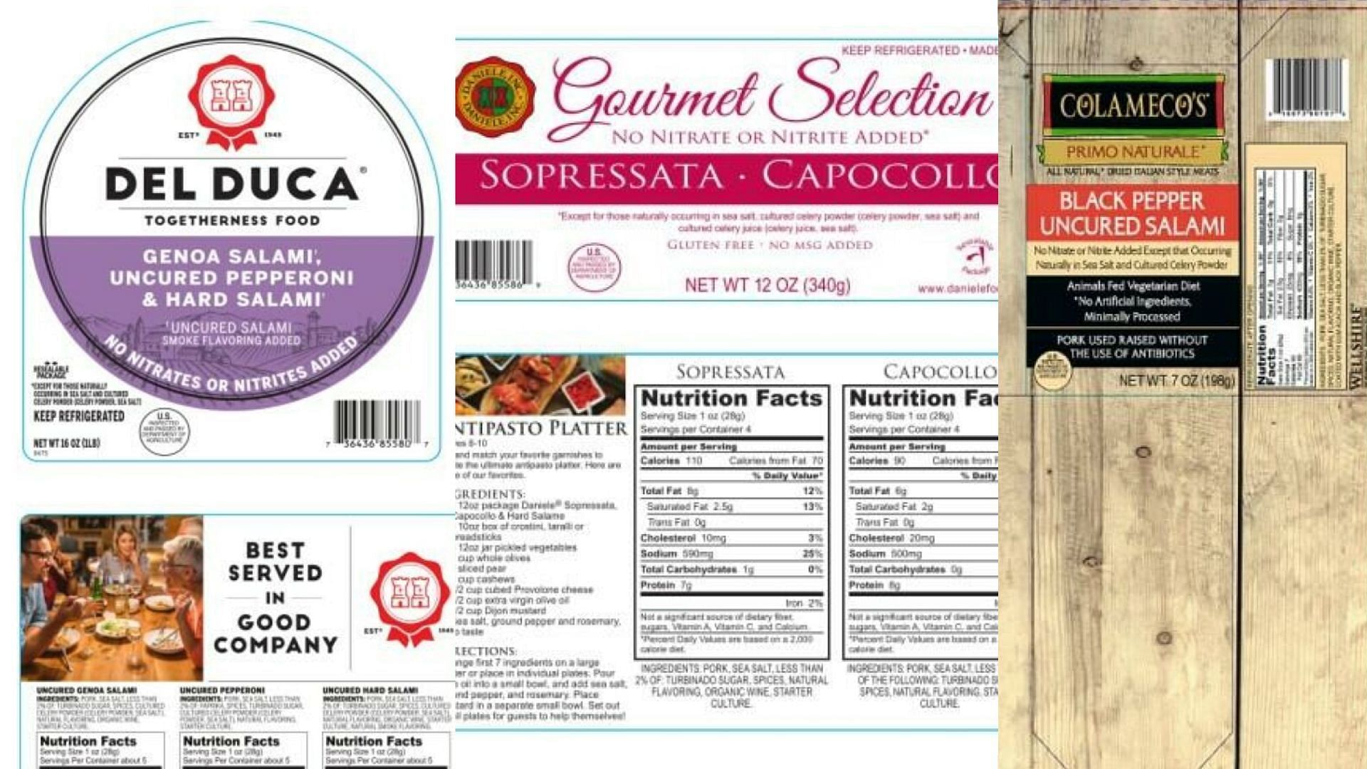 Del EL Duca&#039;s Sopressata, Gourmet Selection Sopressata, Prosciutto &amp; Coppa and Salami, and Colameco&#039;s Primo Naturale Black Pepper Uncured Salami (Image via FSIS)