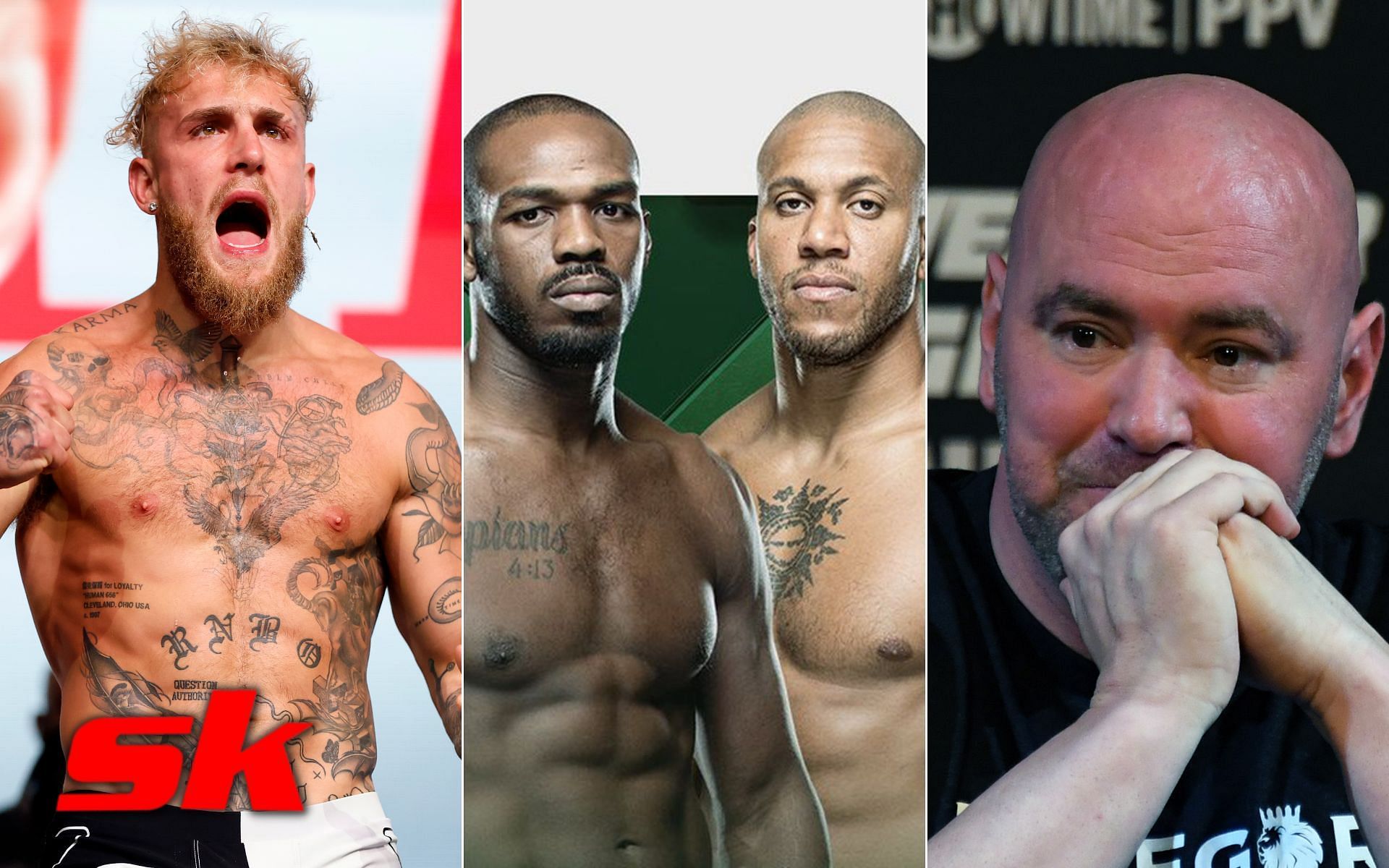 Jake Paul (left), UFC 285 poster (center - via UFC), Dana White (right)