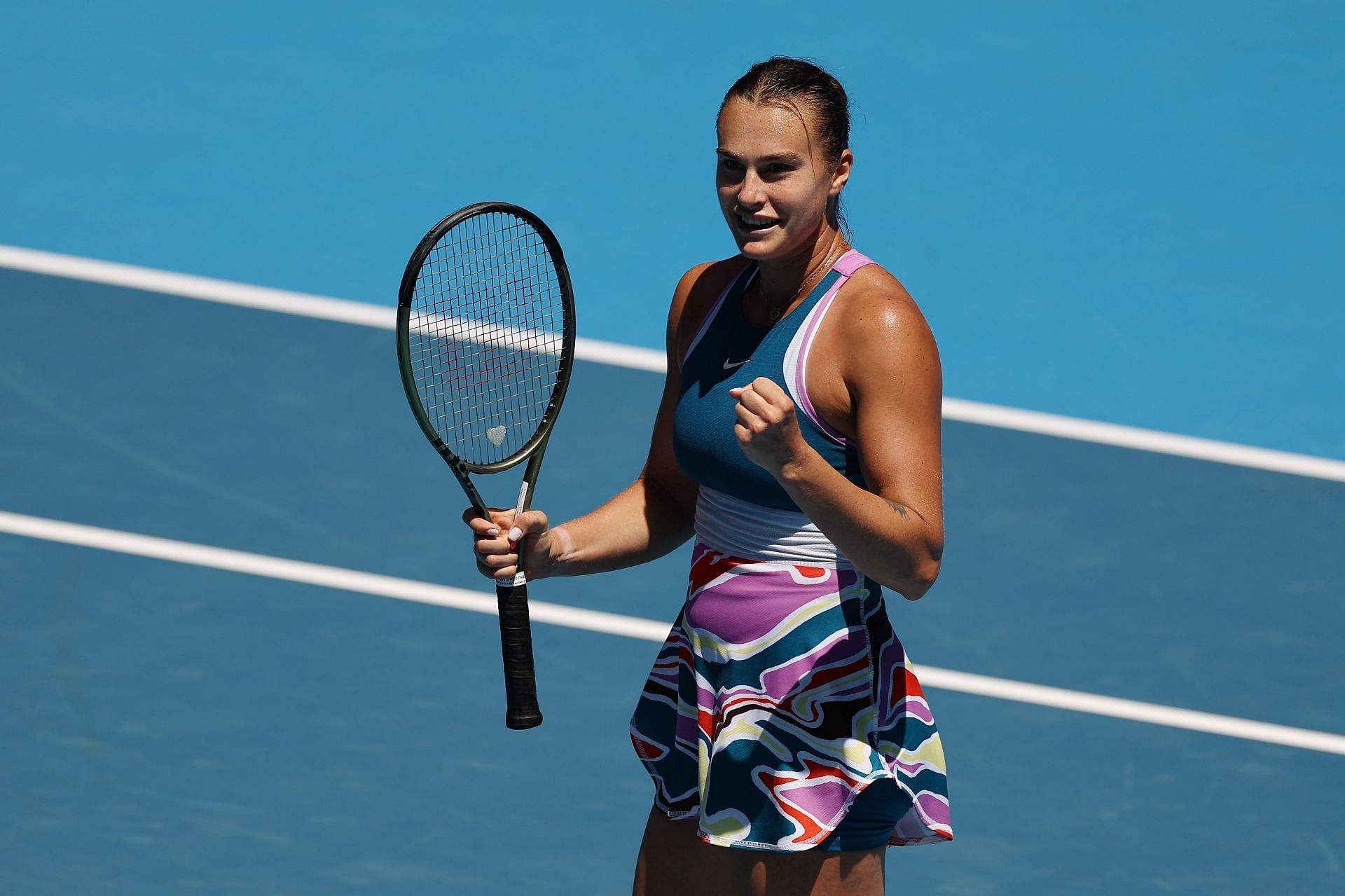 Sabalenka celebrates her fourth-round win at the 2023 Australian Open