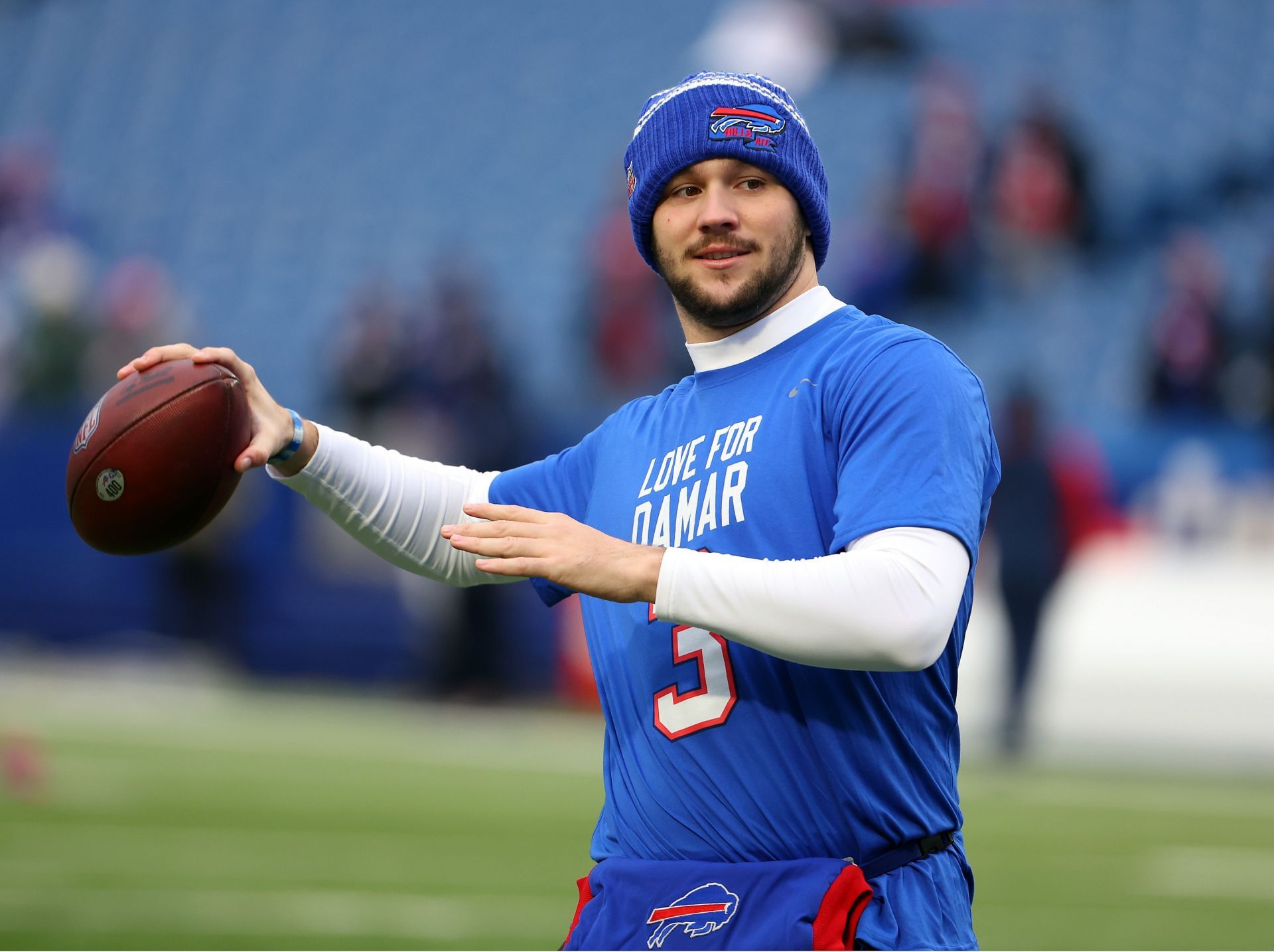 Josh Allen warms up for game vs. New England wearing "Love for Damar" shirt in honor of his teammate