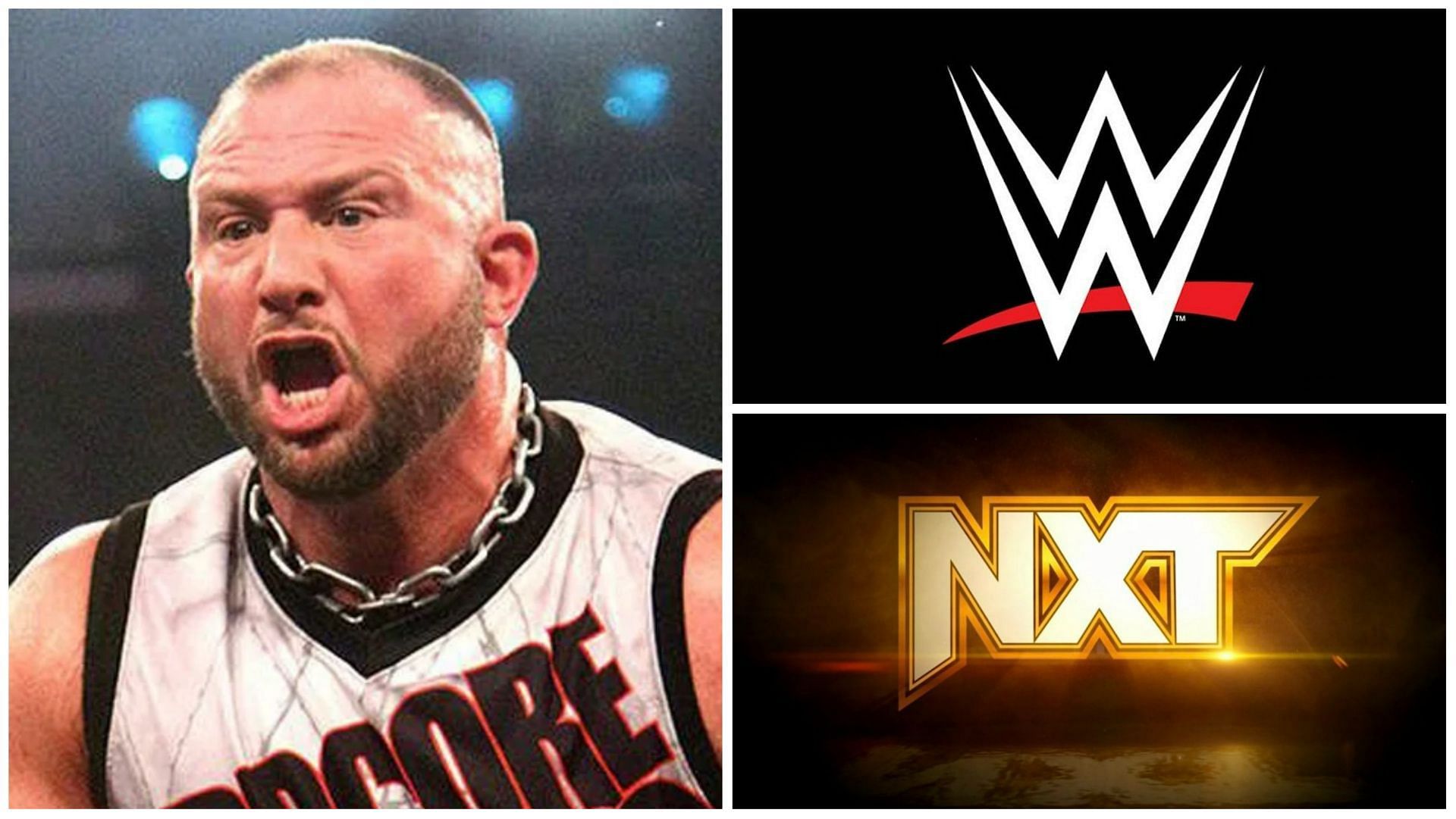 Wrestling legend Bully Ray (right), WWE logo (top left), NXT logo (bottom left)