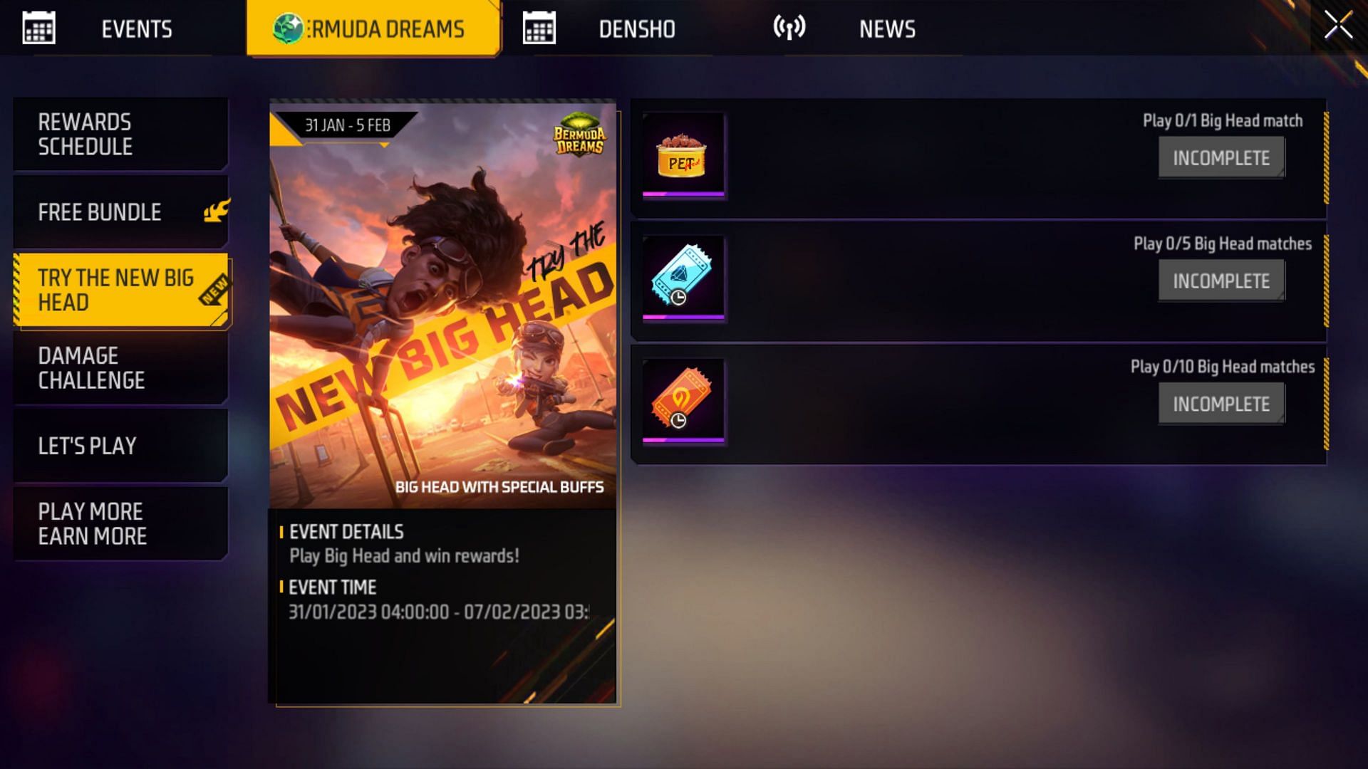 Steps to claim the rewards from the Try the New Big Head mode (Image via Garena)