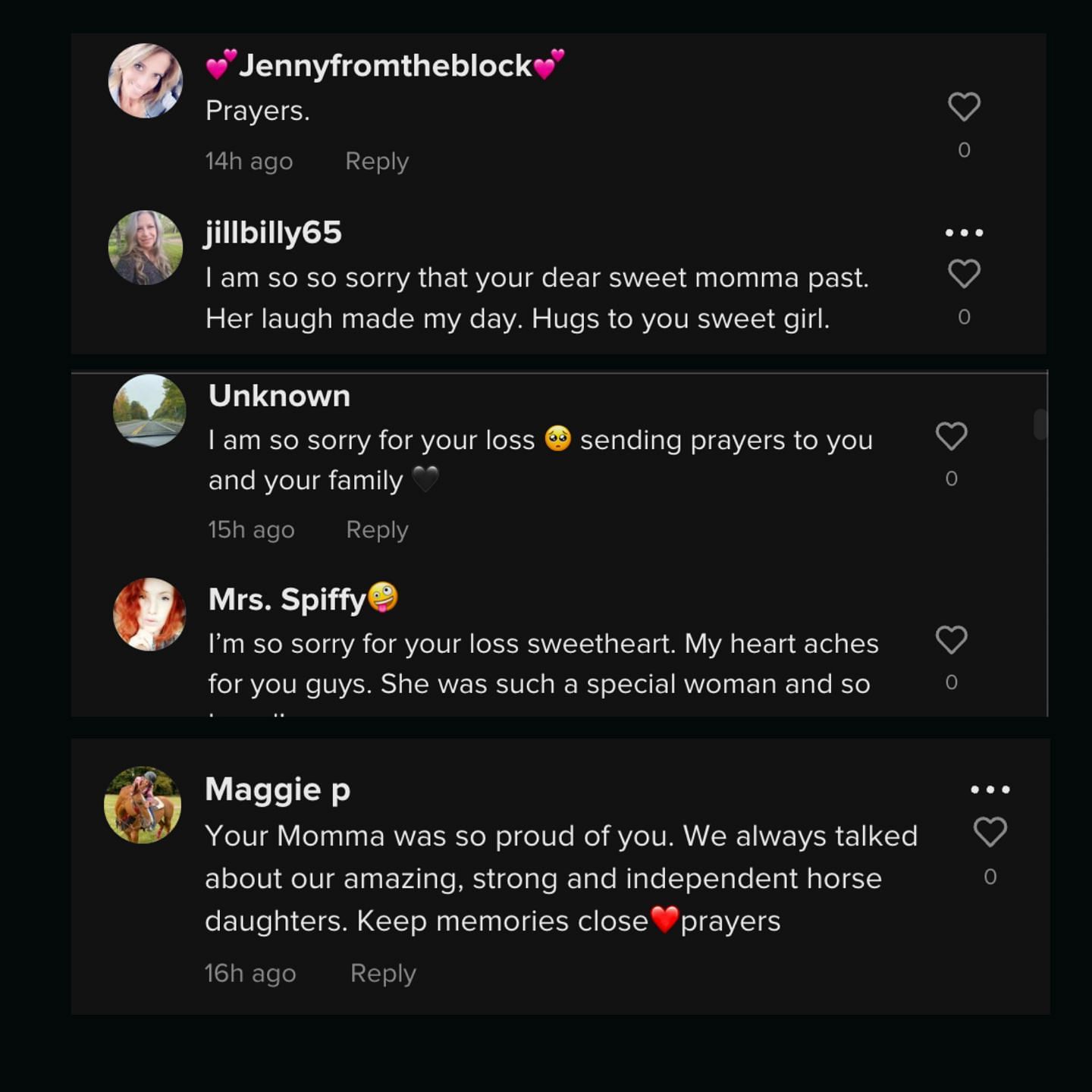 Fans posted condolence messages under Jillian&#039;s videos (Image via TikTok)