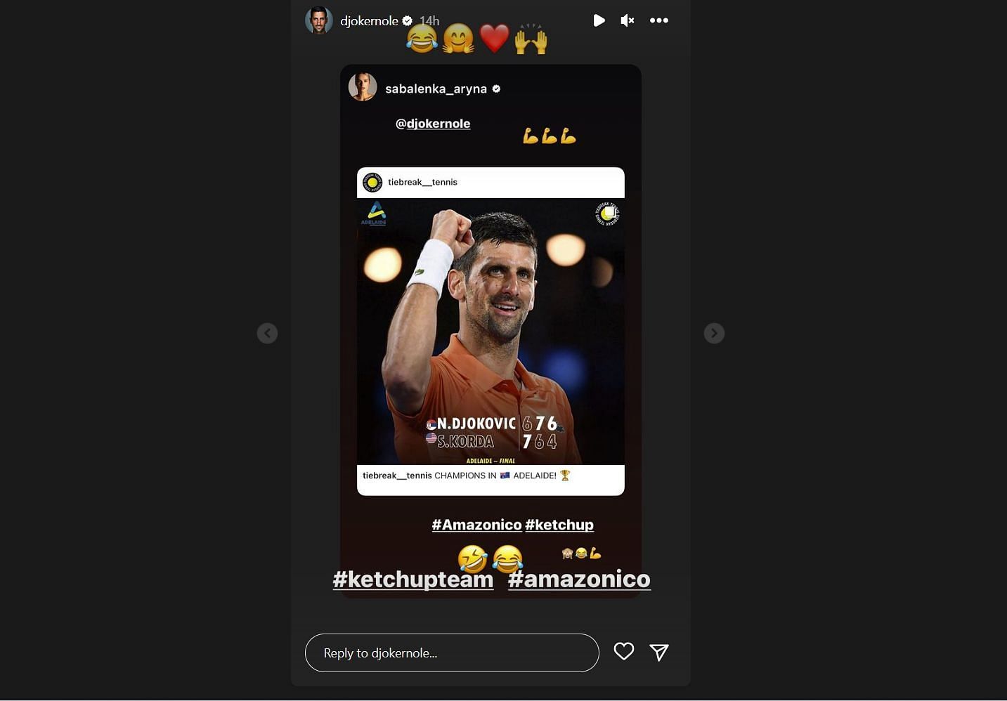 Via Instagram - Novak Djokovic reacts to Aryna Sabalenka&#039;s message.