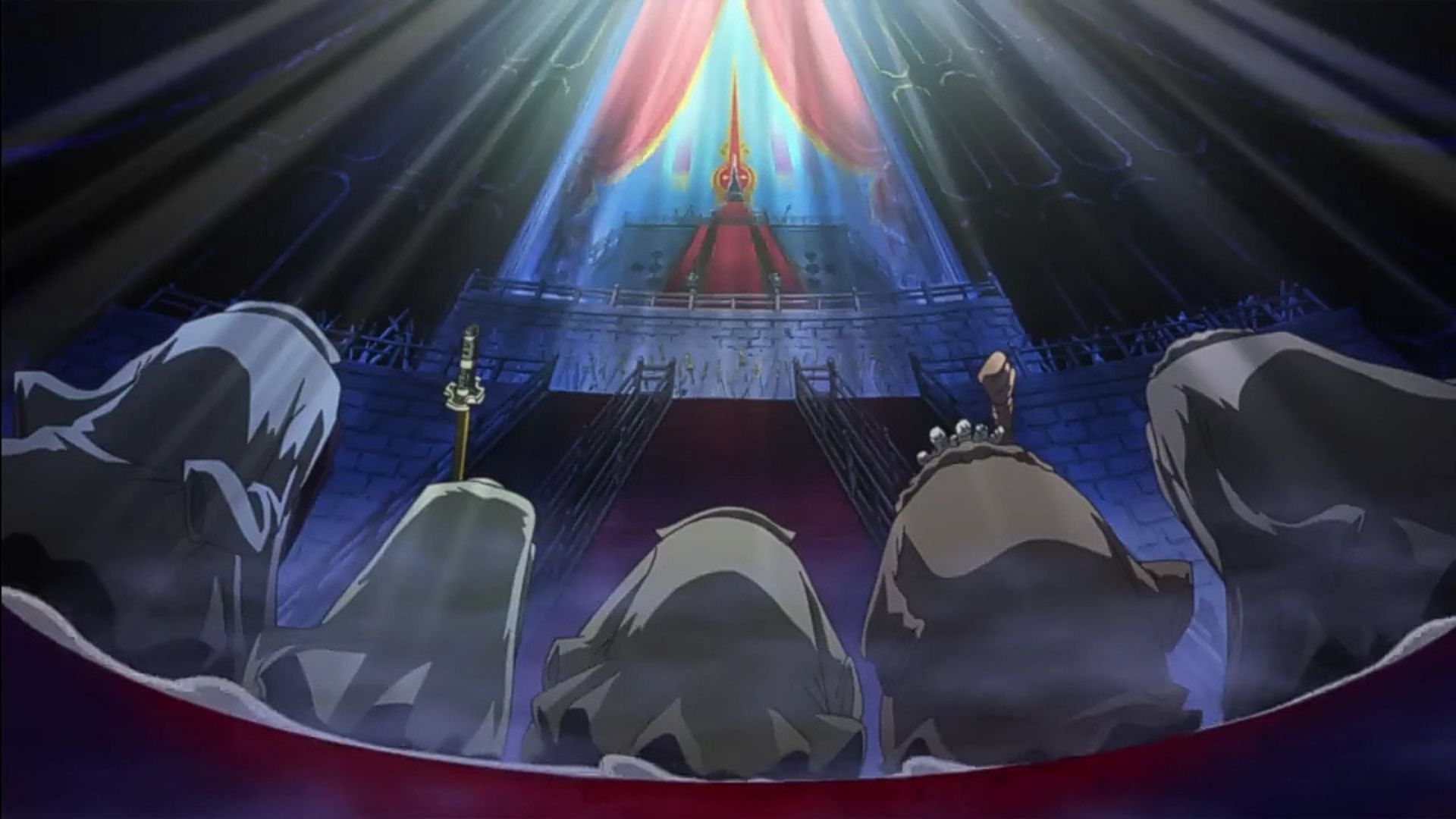 Five Elders kneel before Im (Image via Toei Animation)