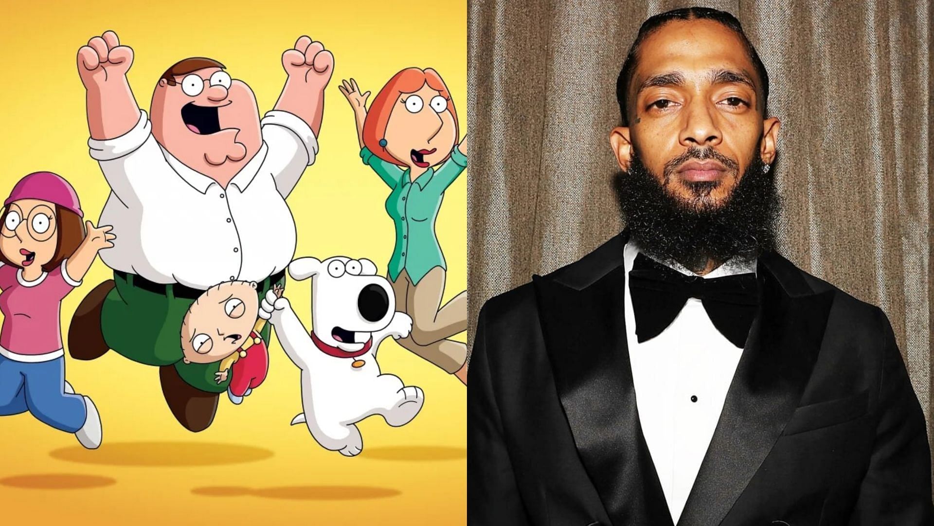 Family Guy and Nipsey Hussle. (Image via FOX/Getty, Shareif Ziyadat/Getty)