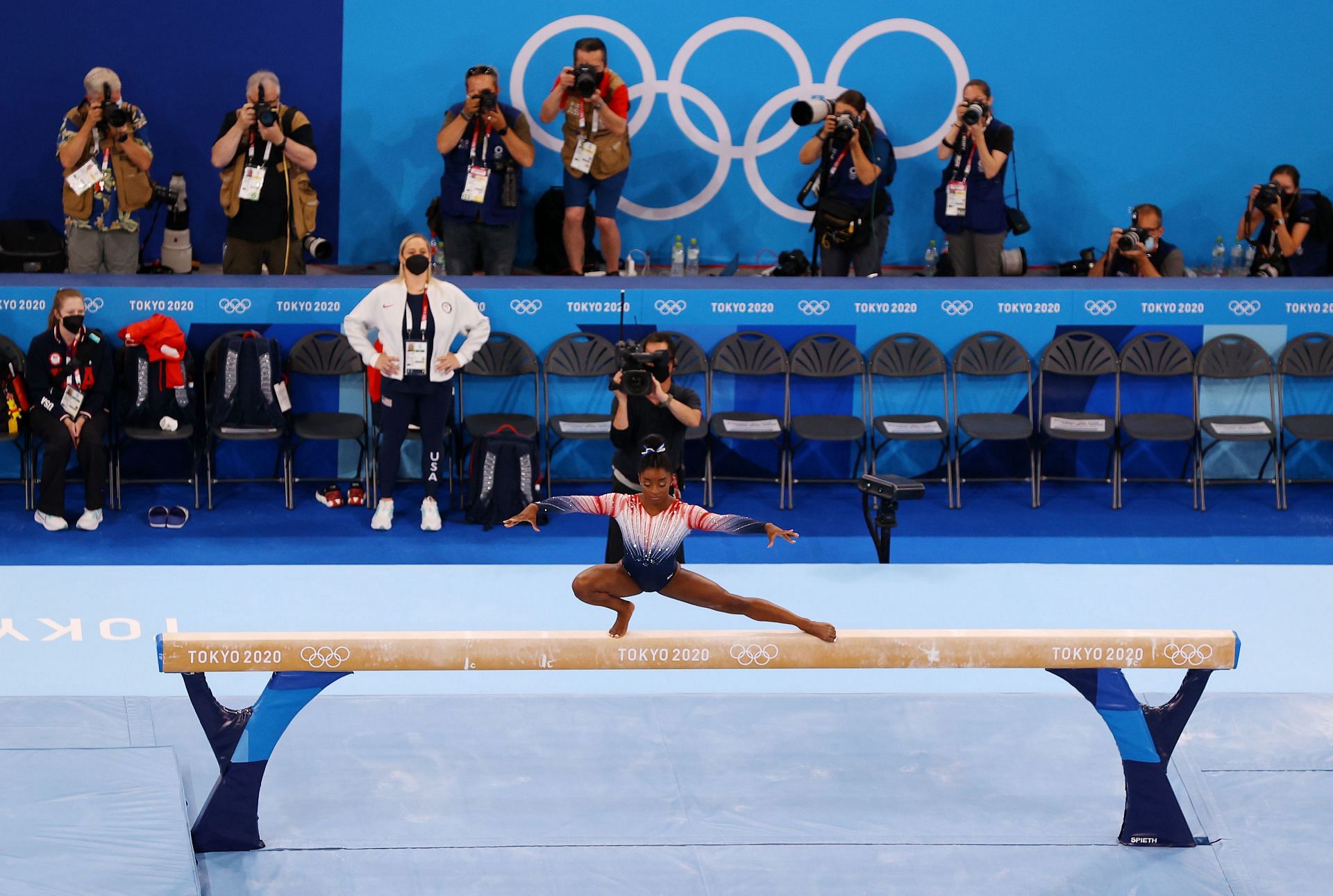 Biles performing on the balance beam at the 2020 Tokyo Olympics