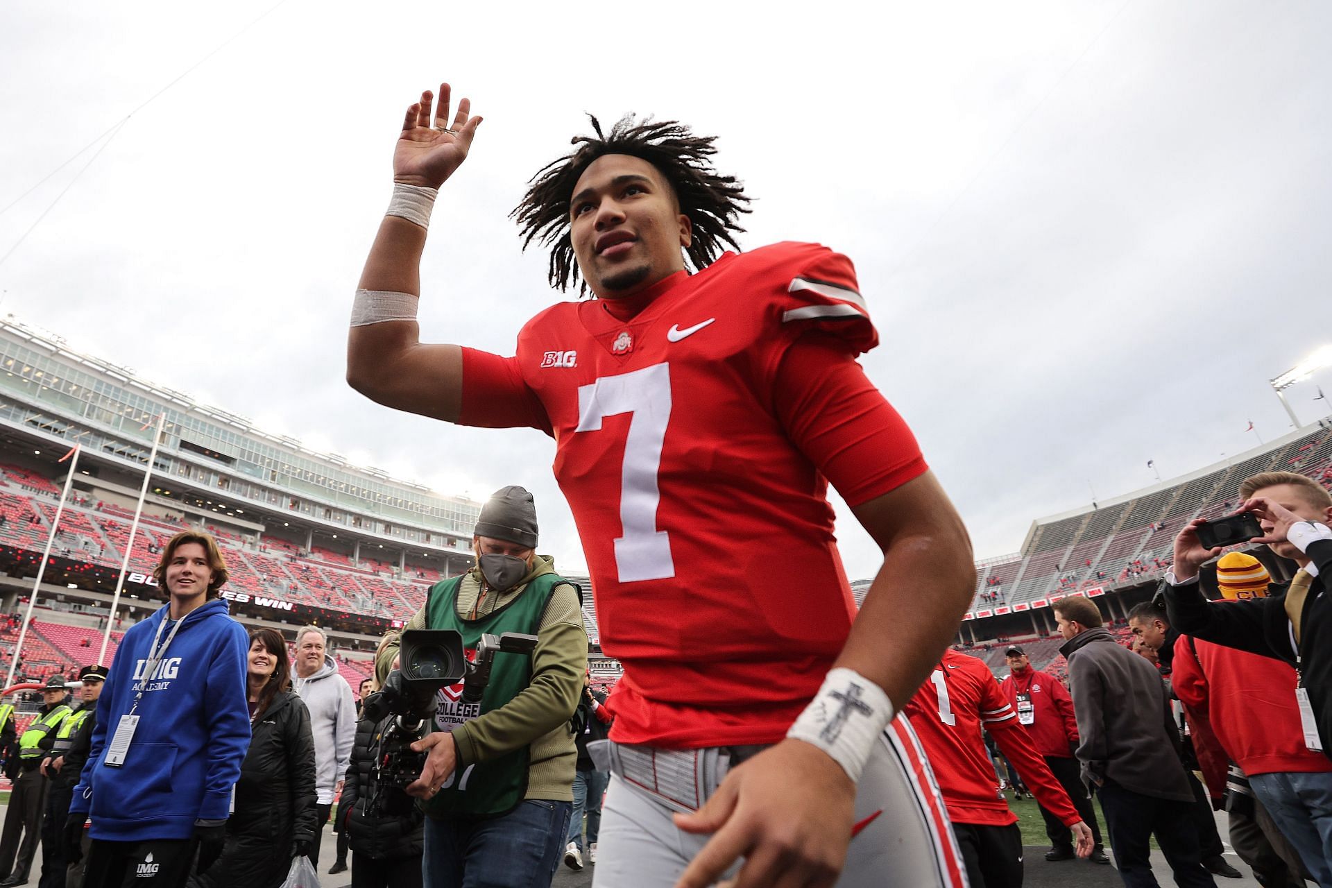 C.J. Stroud #7 of the Ohio State Buckeyes leaves the field after a 56-7 win over the Michigan State Spartans