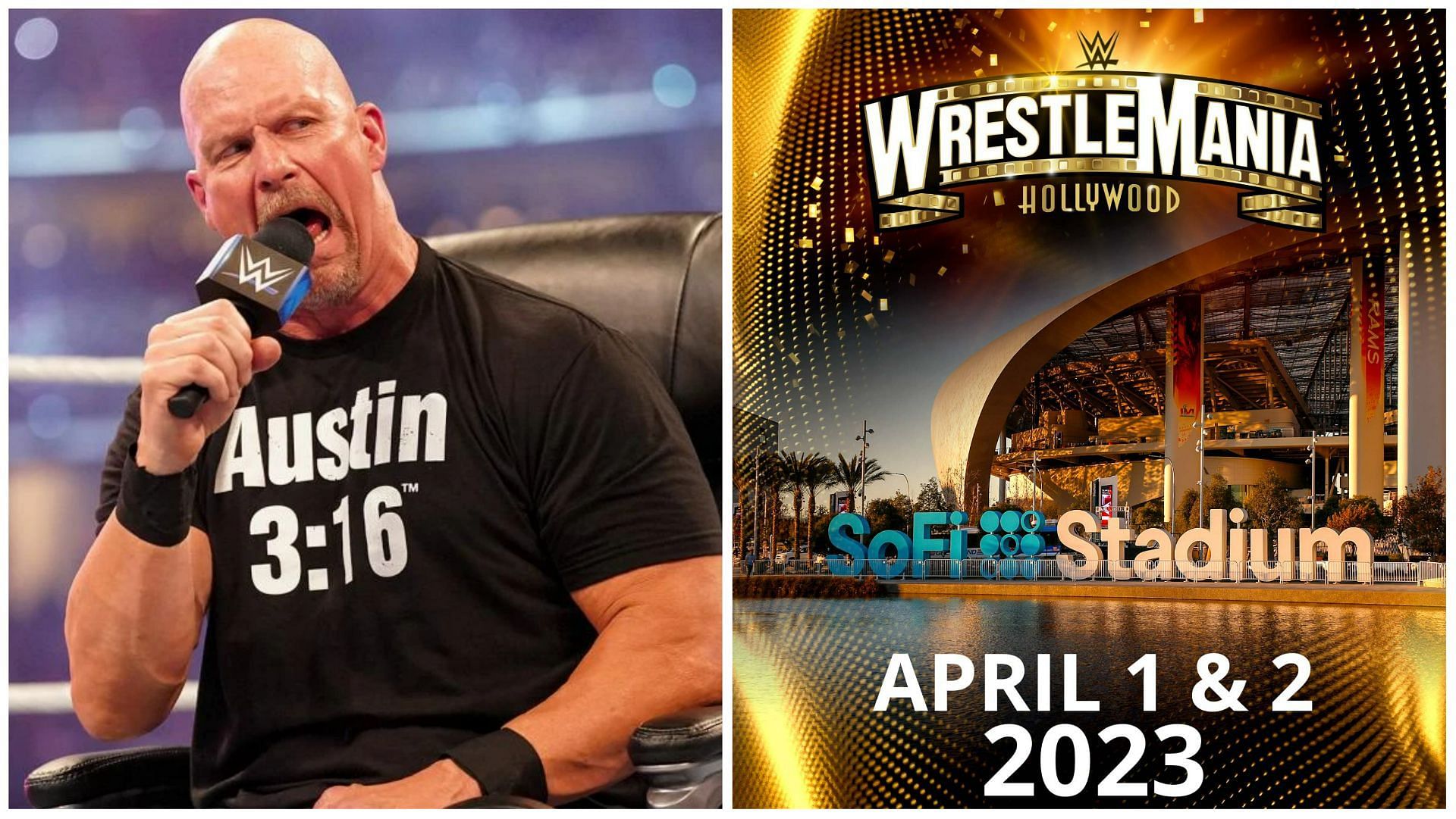 WWE legend Stone Cold Steve Austin (left), An advertisement for WrestleMania 39 (right)