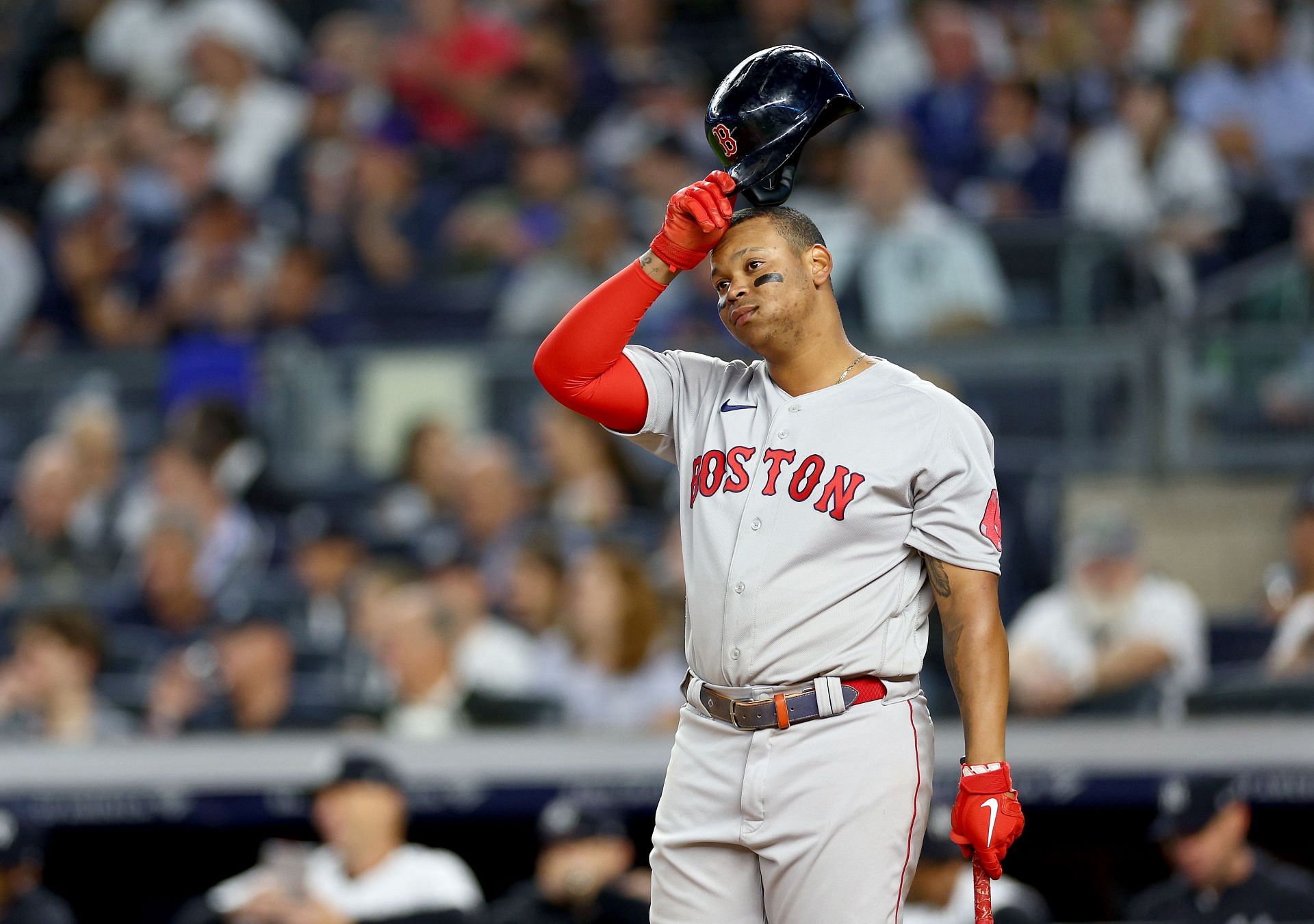 Rafael Devers reacts during his at bat in the third inning against the New York Yankees at Yankee Stadium