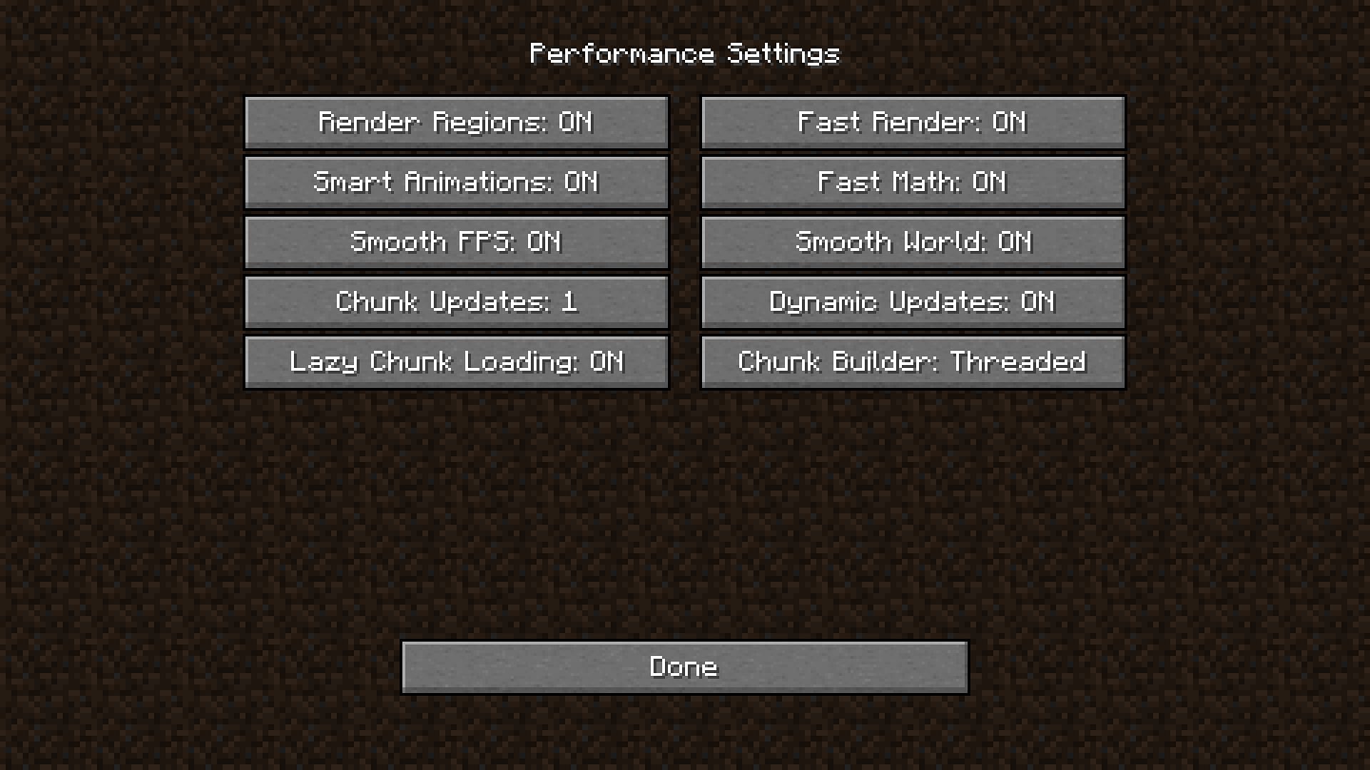 Most of the performance settings should be on in Minecraft (Image via Mojang)