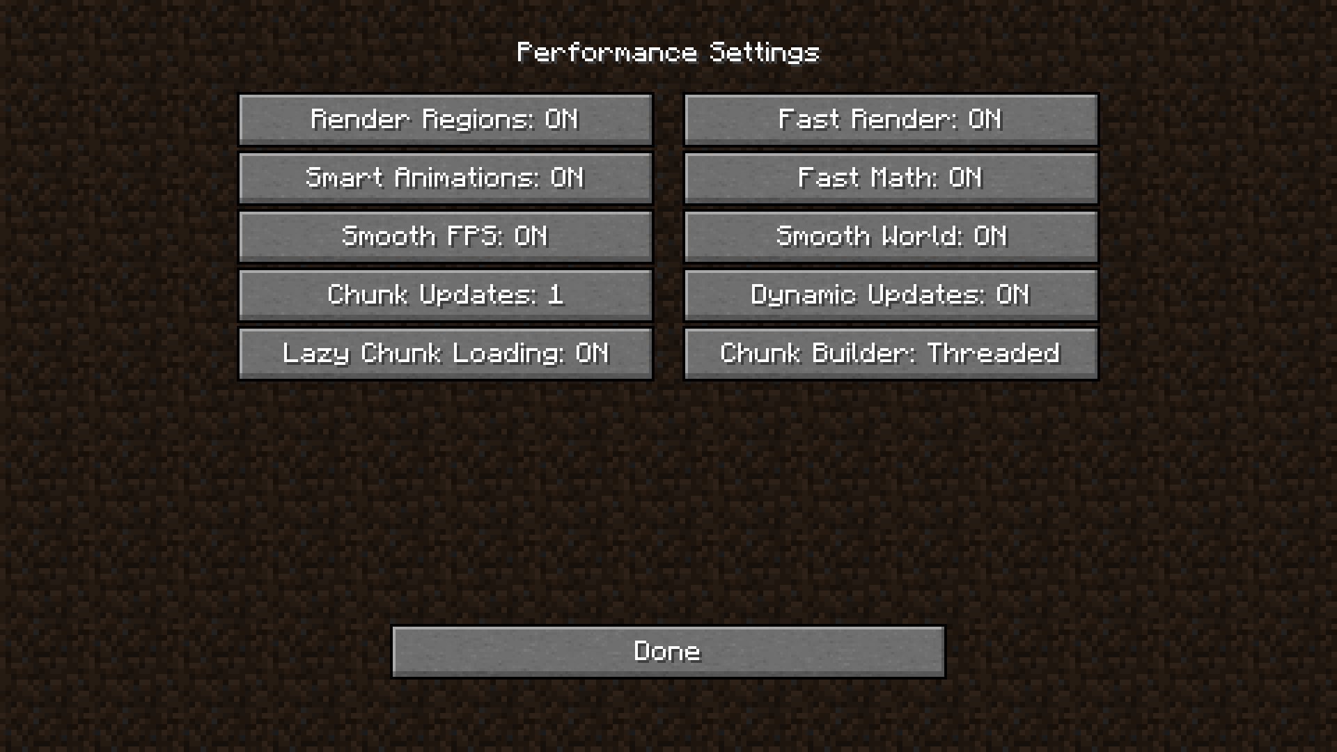 Most of the performance settings should be on in Minecraft (Image via Mojang)