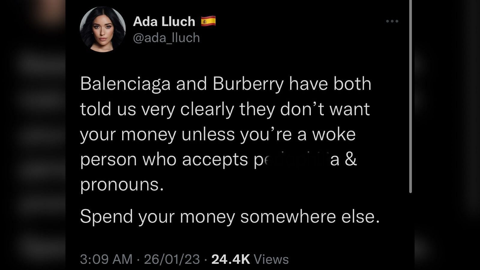 Screenshot of a Twitter user criticizing Burberry&#039;s new ad campaign.