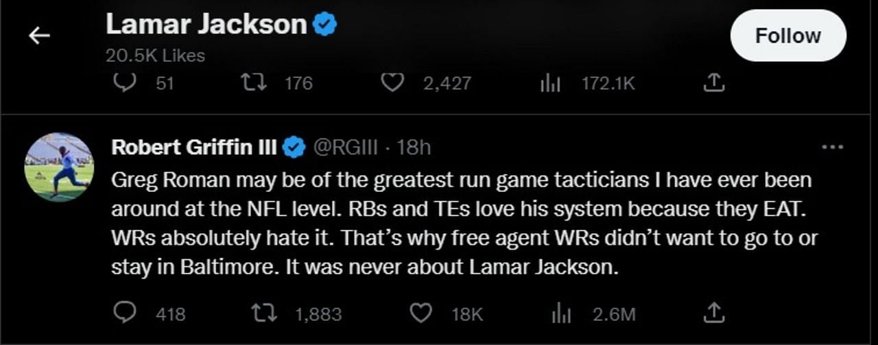 Lamar Jackson liking Robert Griffin III&#039;s tweet about Greg Roman