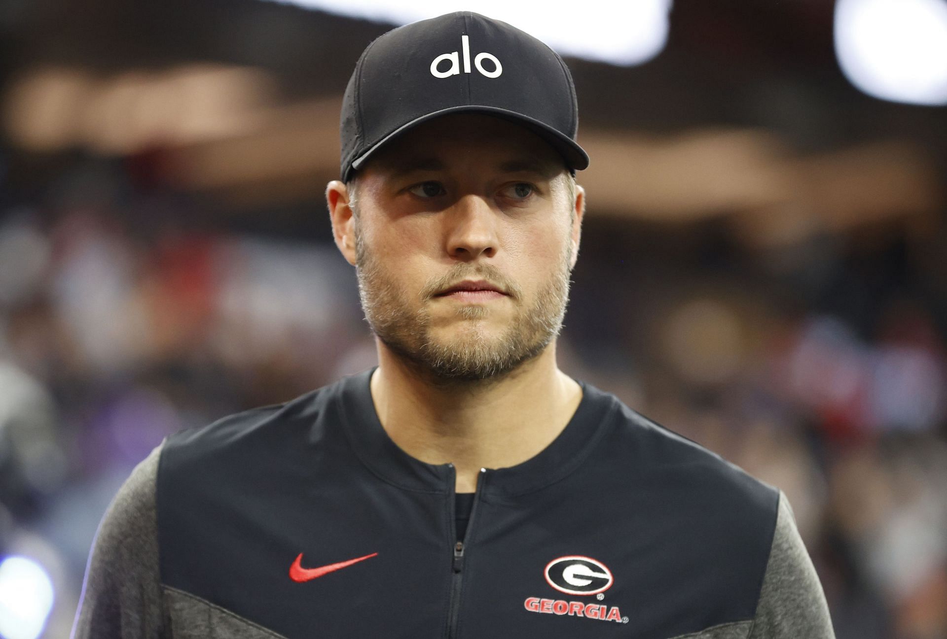 Former Georgia Bulldogs quarterback Matthew Stafford looks on before Georgia&#039;s College Football Playoff national championship game against the TCU Horned Frogs