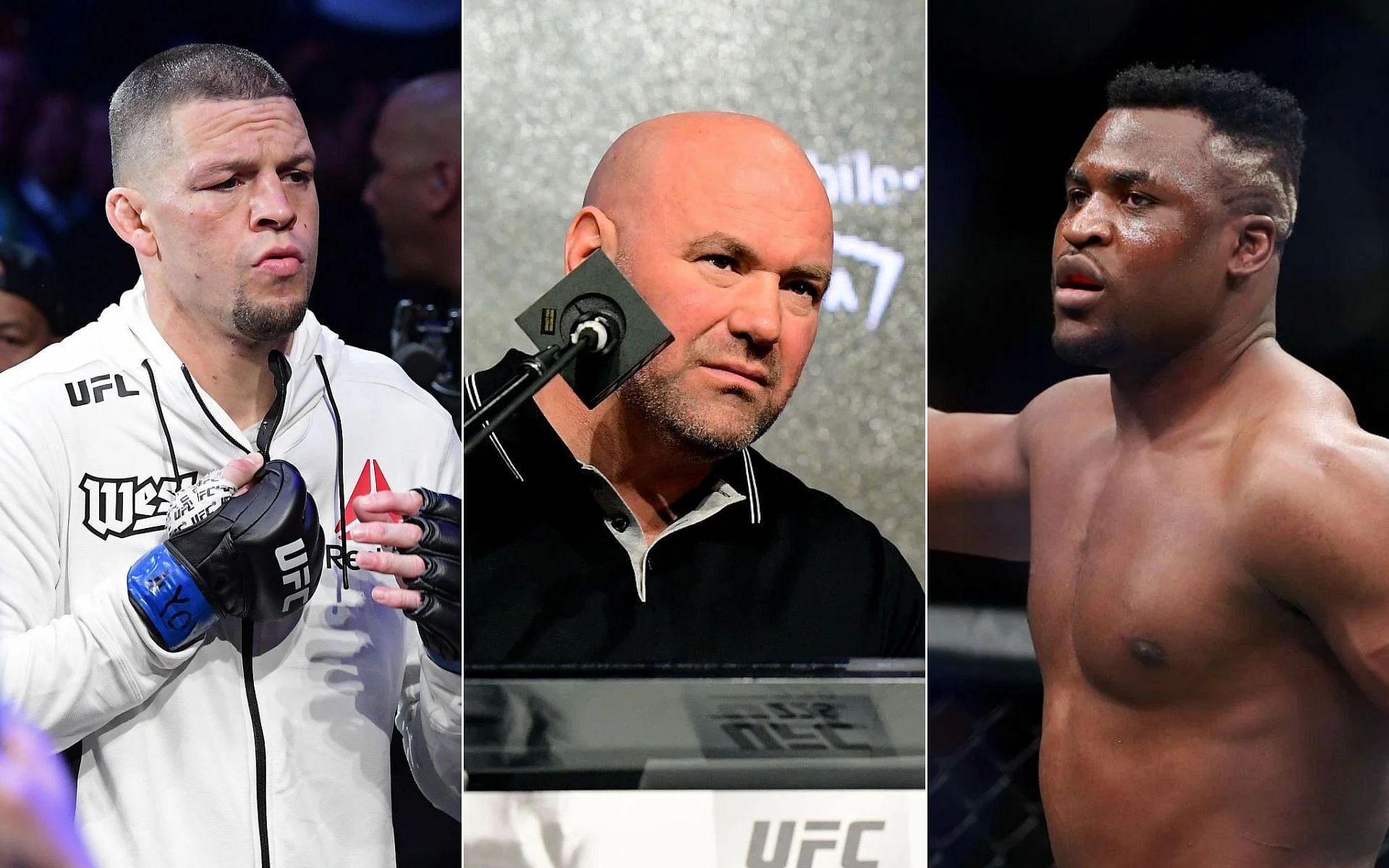 Nate Diaz (Left), Dana White (Middle), and Francis Ngannou (Right)