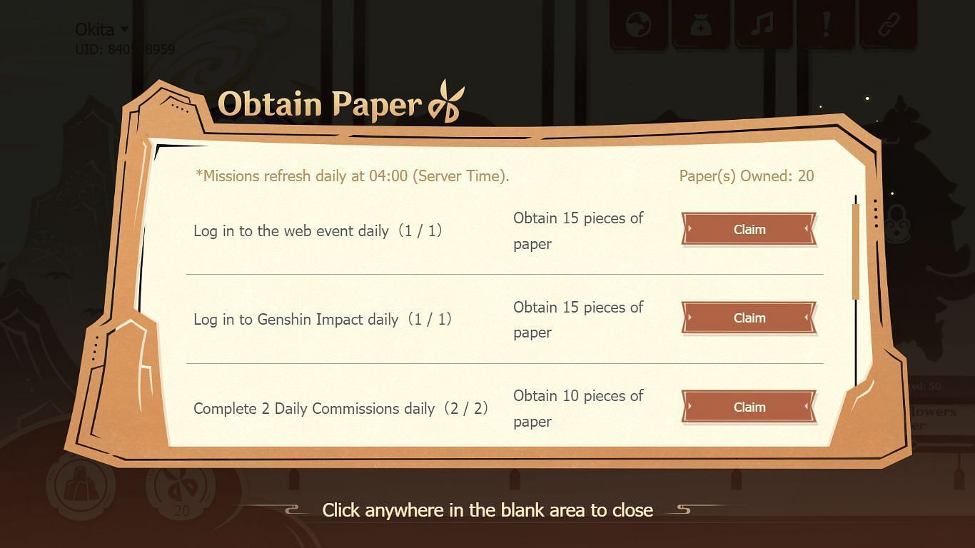 Complete various tasks to obtain paper (Image via HoYoverse)