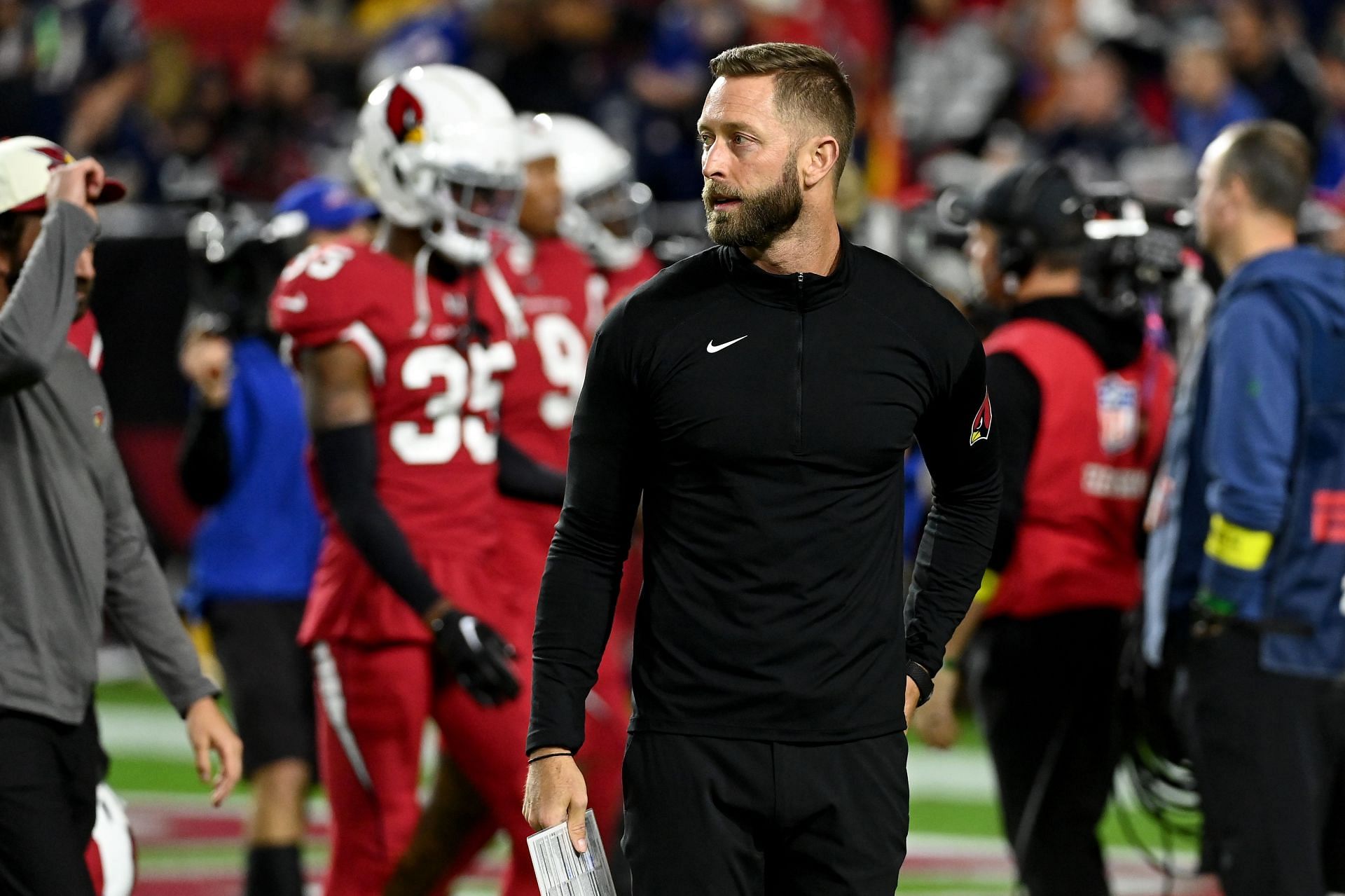 Head coach Kliff Kingsbury of the Arizona Cardinals looks on prior to the game against the New England Patriots