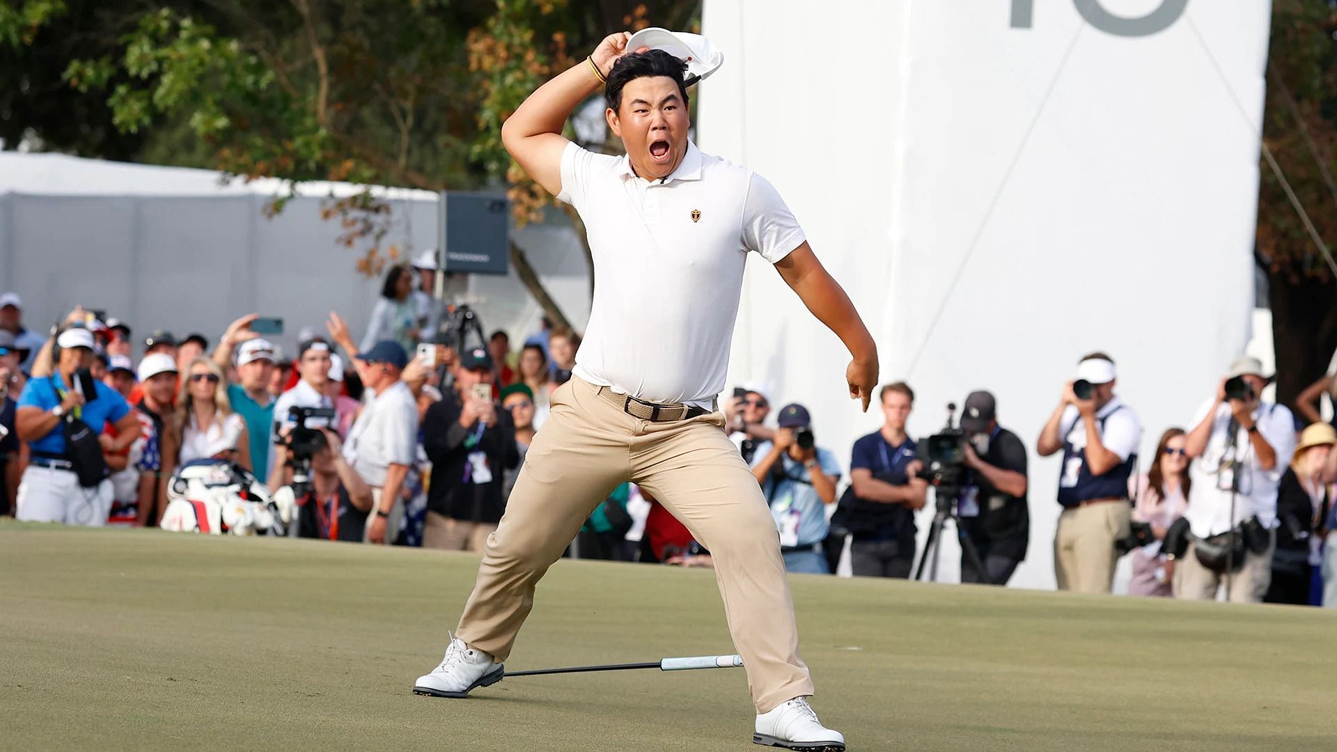 Tom Kim celebrating at the Presidents Cup