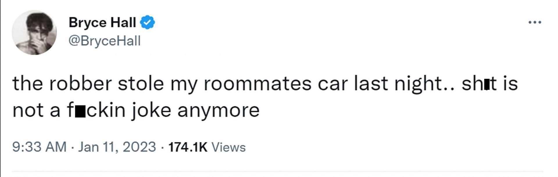 Tweet by Bryce Hall about his roommate&#039;s car (Image via Twitter/@BryceHall)