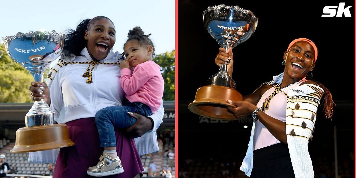 Serena Williams and Coco Gauff pose with their respective ASB Classic trophies.