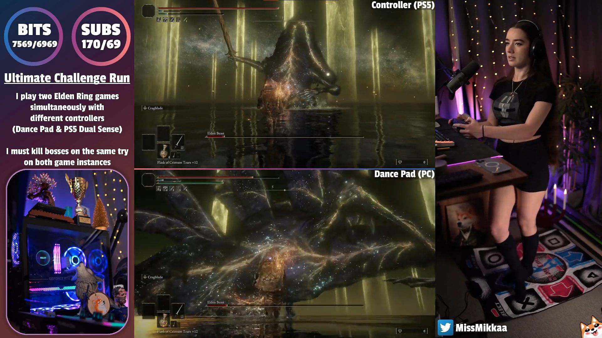 Streamer beats Elden Ring twice with controller and Dance Pads (Image via MissMikkaa/Twitch)