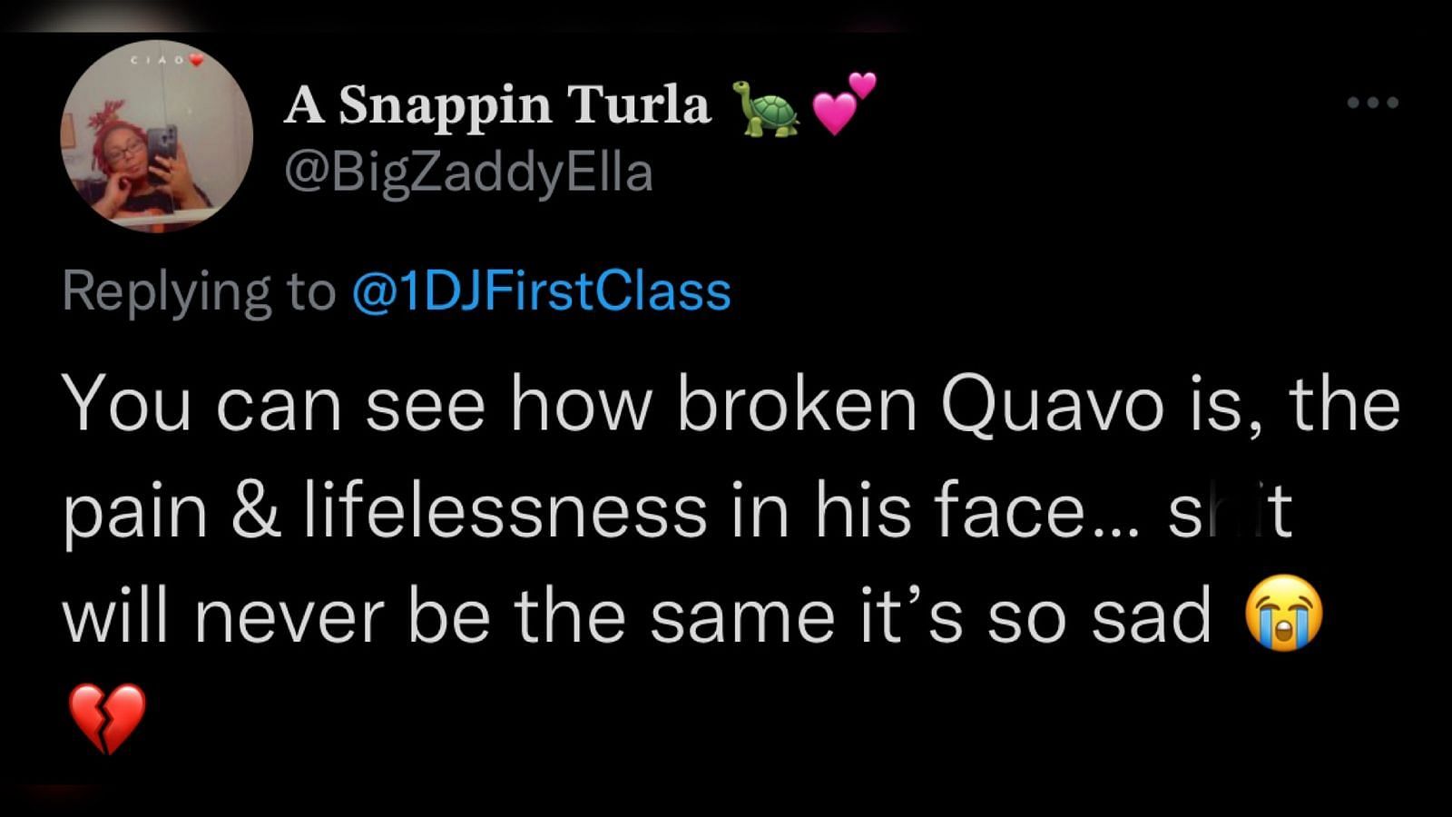 Screenshot of an emotional fan reacting to Quavo&#039;s new song (Image via Twitter/Sportskeeda)