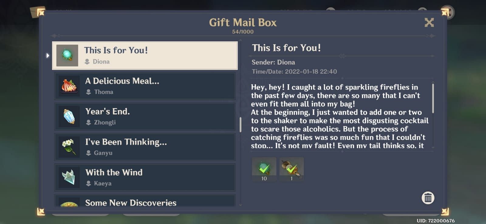 Mail by Diona for her birthday in 2022 (Image via Genshin Impact)