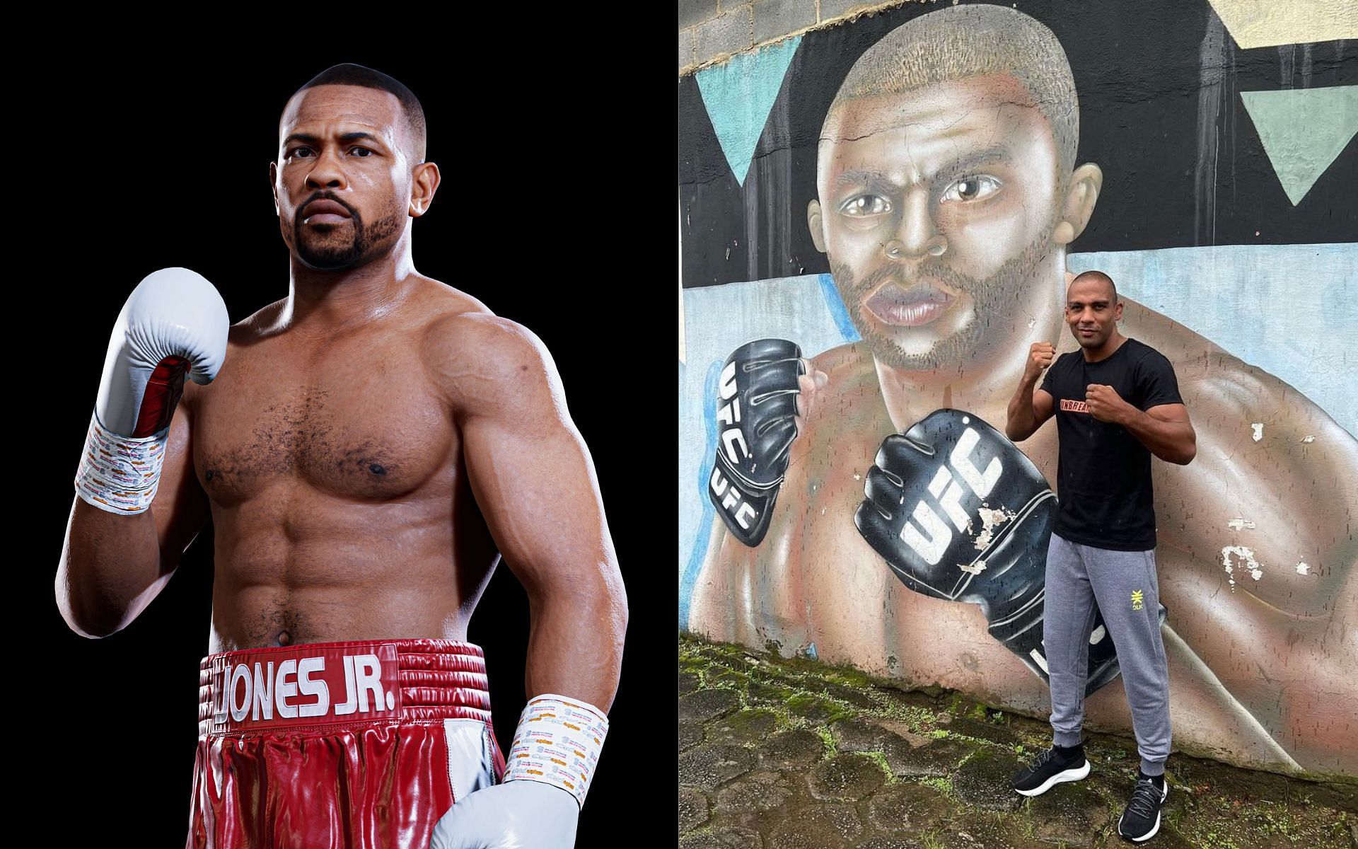 Roy Jones Jr. [Left] Edson Barboza next to his mural [Right] [Images courtesy: @RealRoyJonesJr and @mmamania (Twitter)
