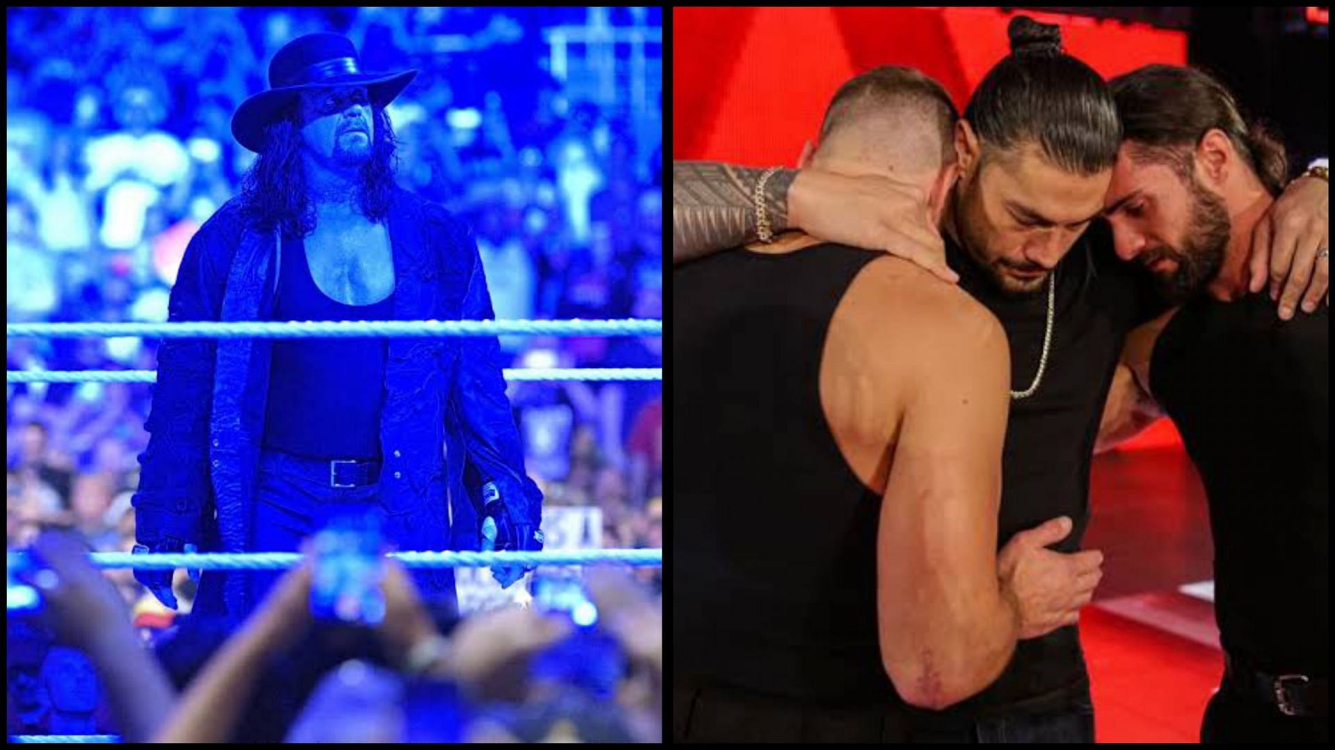 The Undertaker at WrestleMania 33 (L); The Shield after Roman Reigns