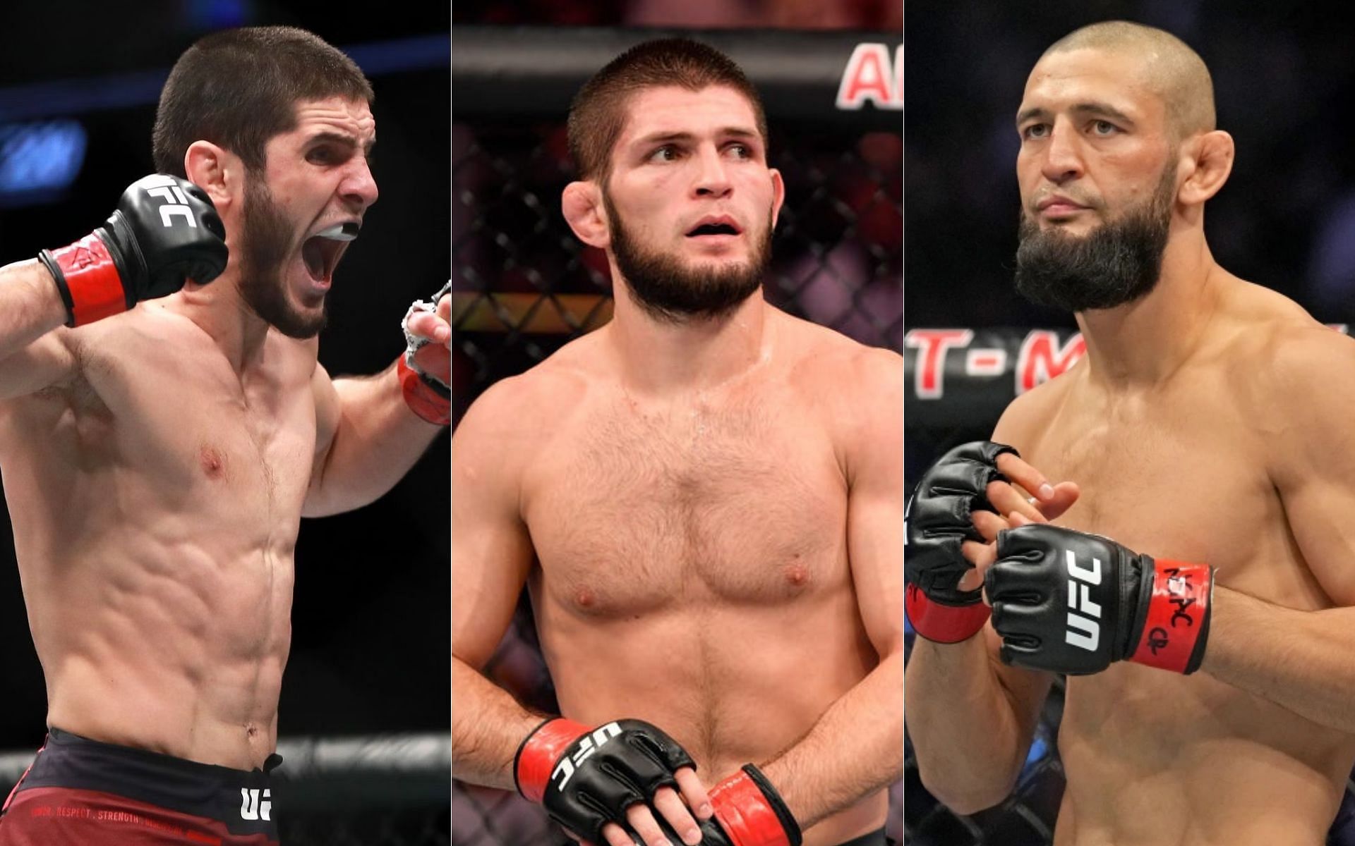 Islam Makhachev (left), Khabib Nurmagomedov (centre), Khamzat Chimaev (right)