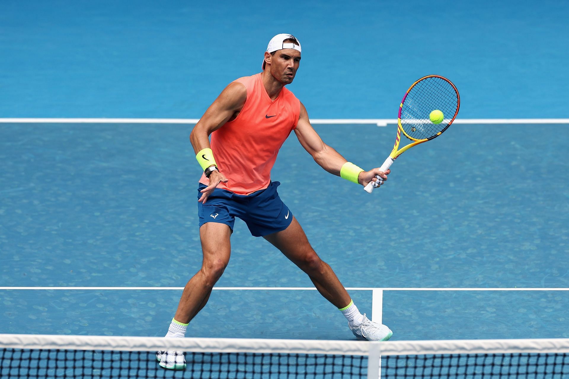 Rafael Nadal plays a volley during a practice session ahead of the 2023 Australian Open