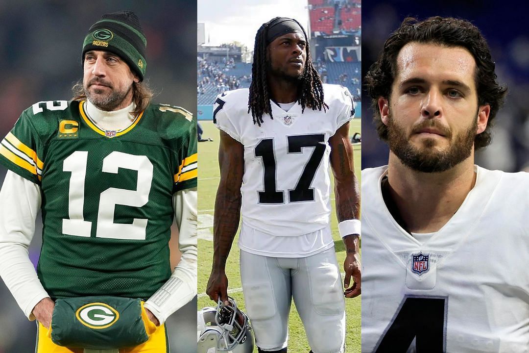 Packers QB Aaron Rodgers (l), Raiders WR Davante Adams (c), and Raiders QB Derek Carr (r)