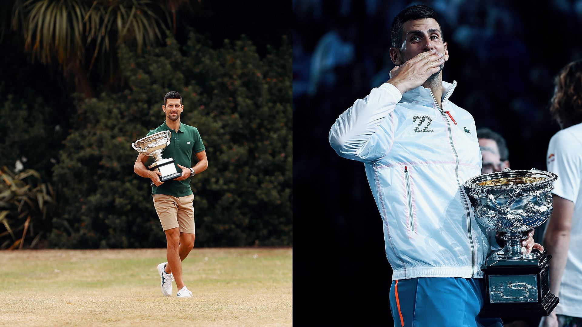 Novak Djokovic poses with the Australian Open trophy.