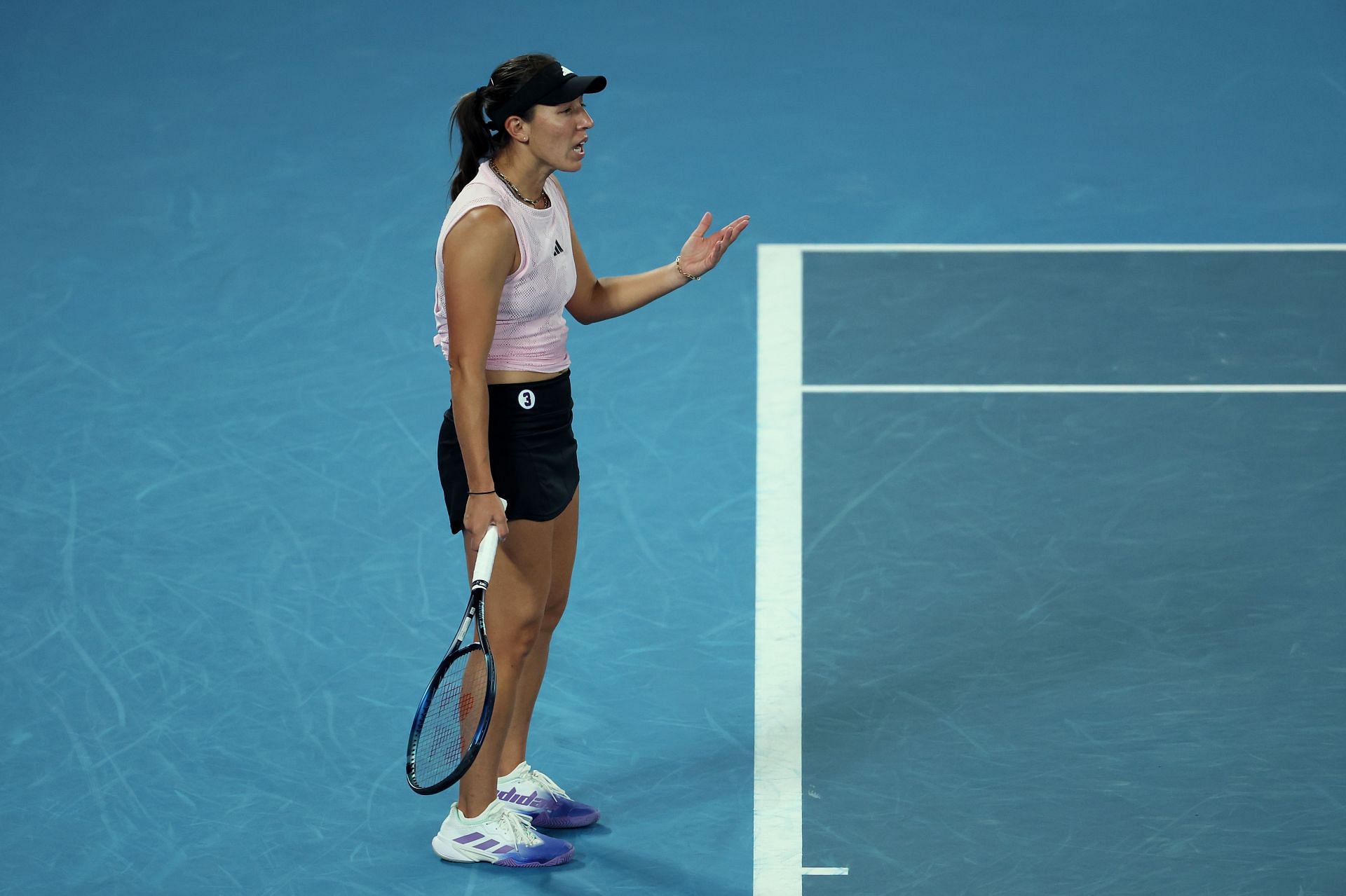 Jessica Pegula reacts in the quarterfinal singles match against Victoria Azarenka