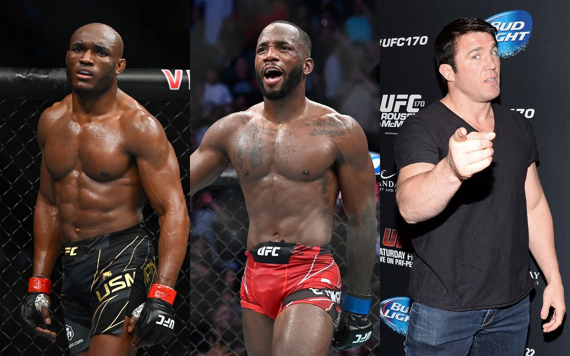 Kamaru Usman (Left), Leon Edwards (Middle), and Chael Sonnen (Right)