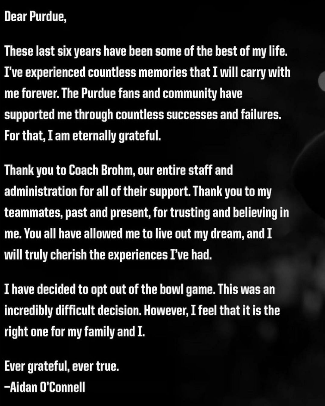 Aidan O&#039;Connell and his letter to the fans of Purdue. Source: Aidan O&#039;Connell (Instagram)