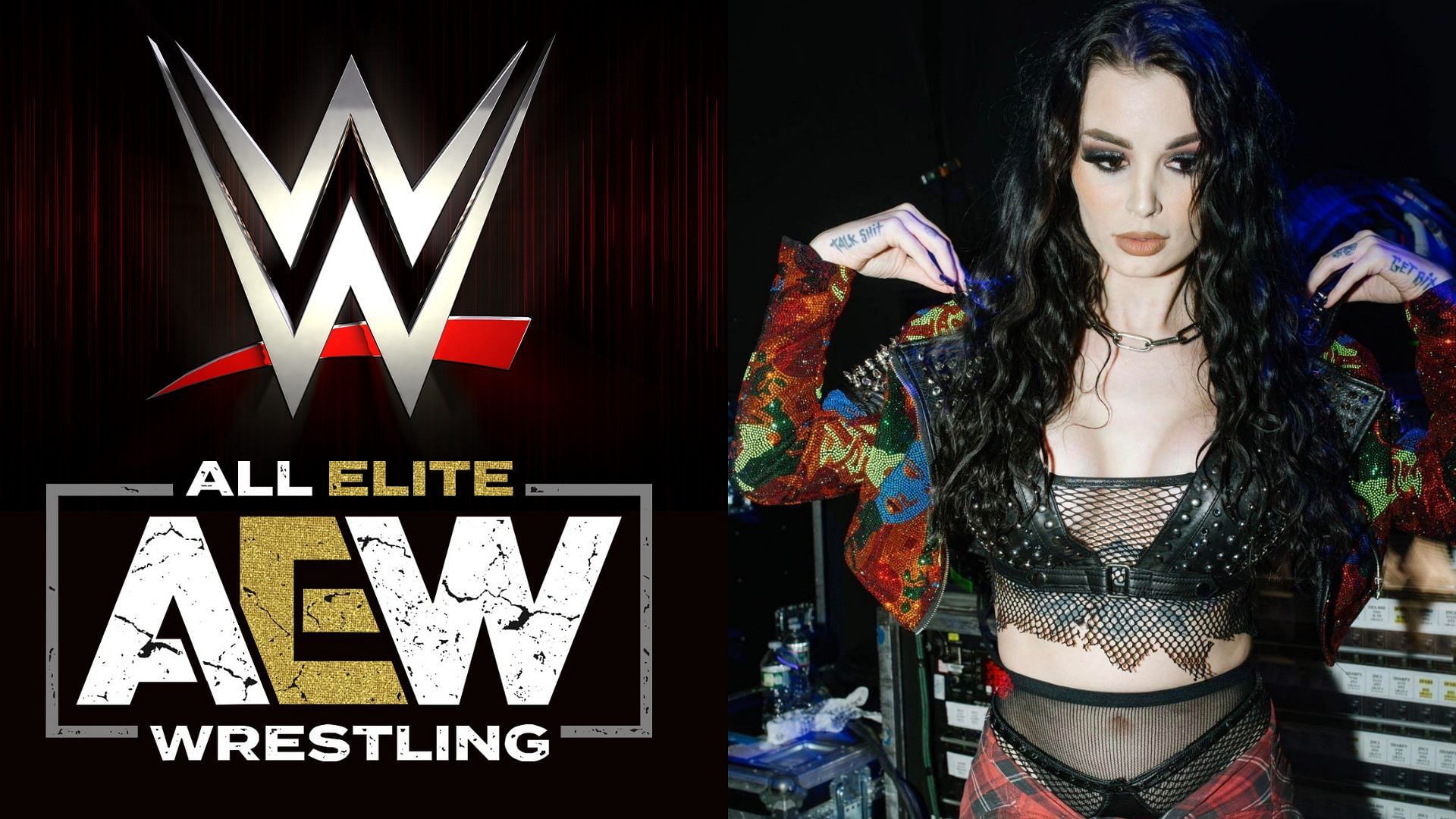 AEW and WWE logos (left), Saraya (right)