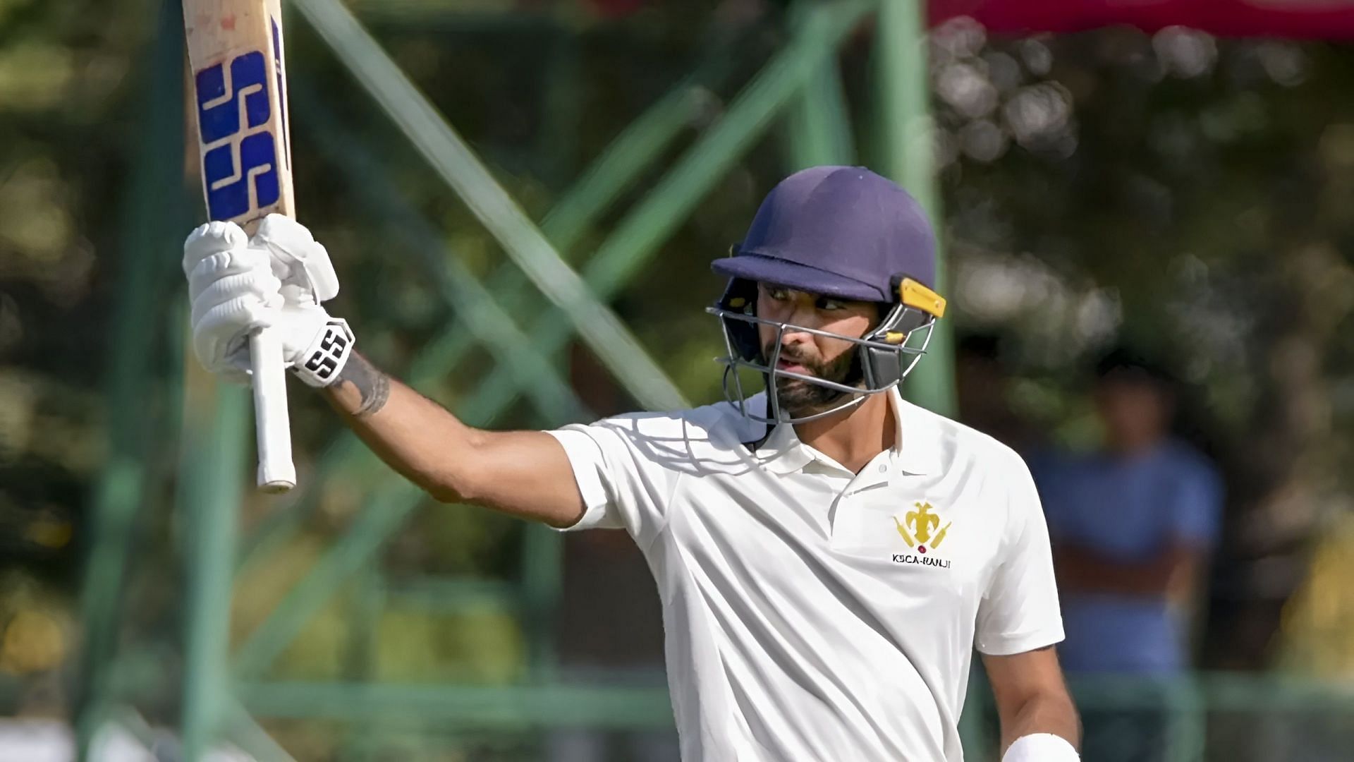 Siddharth raises his bat after one of his fine knocks!