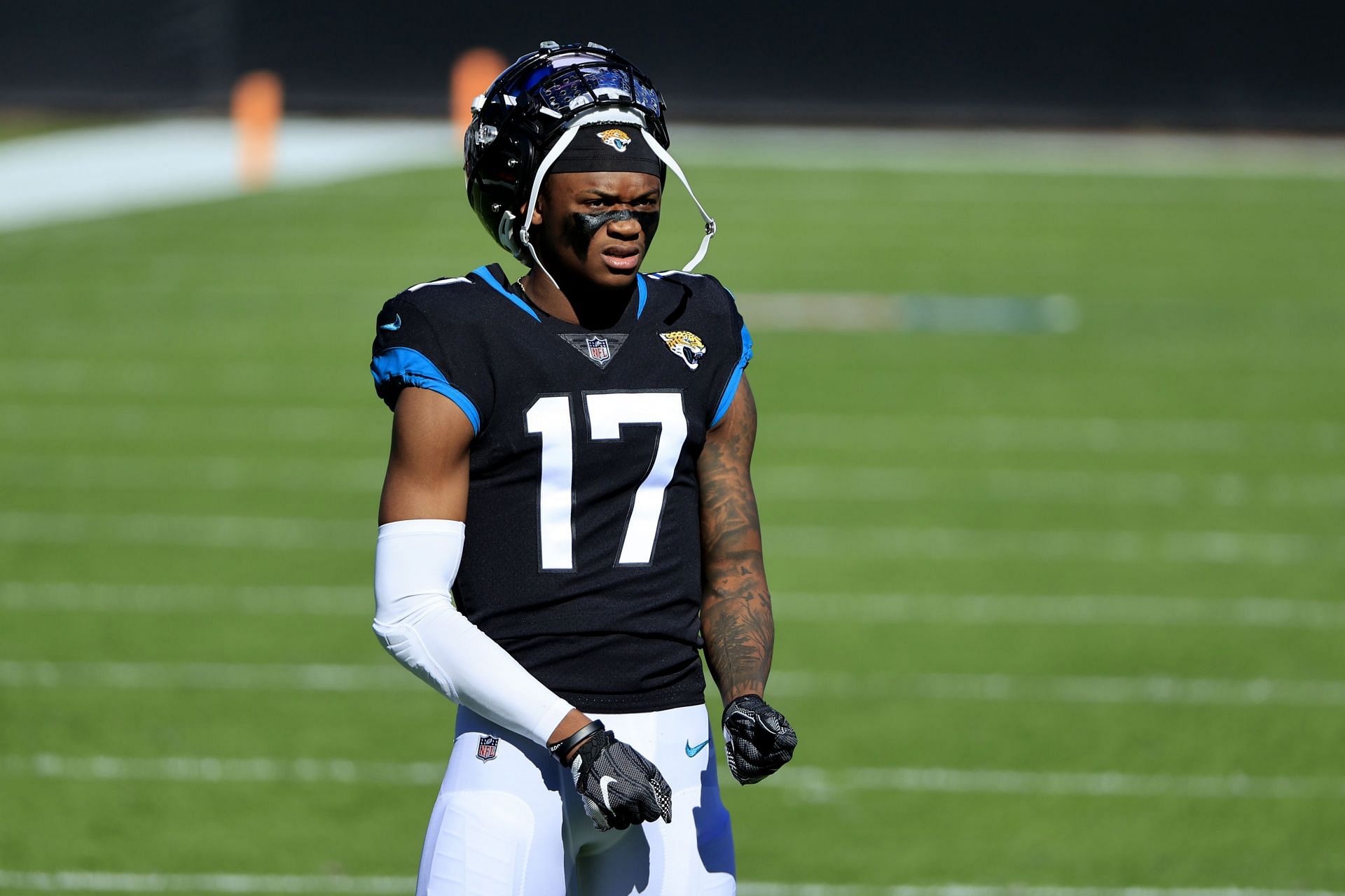 DJ Chark Jr. of the Jacksonville Jaguars looks on before the game against the Chicago Bears