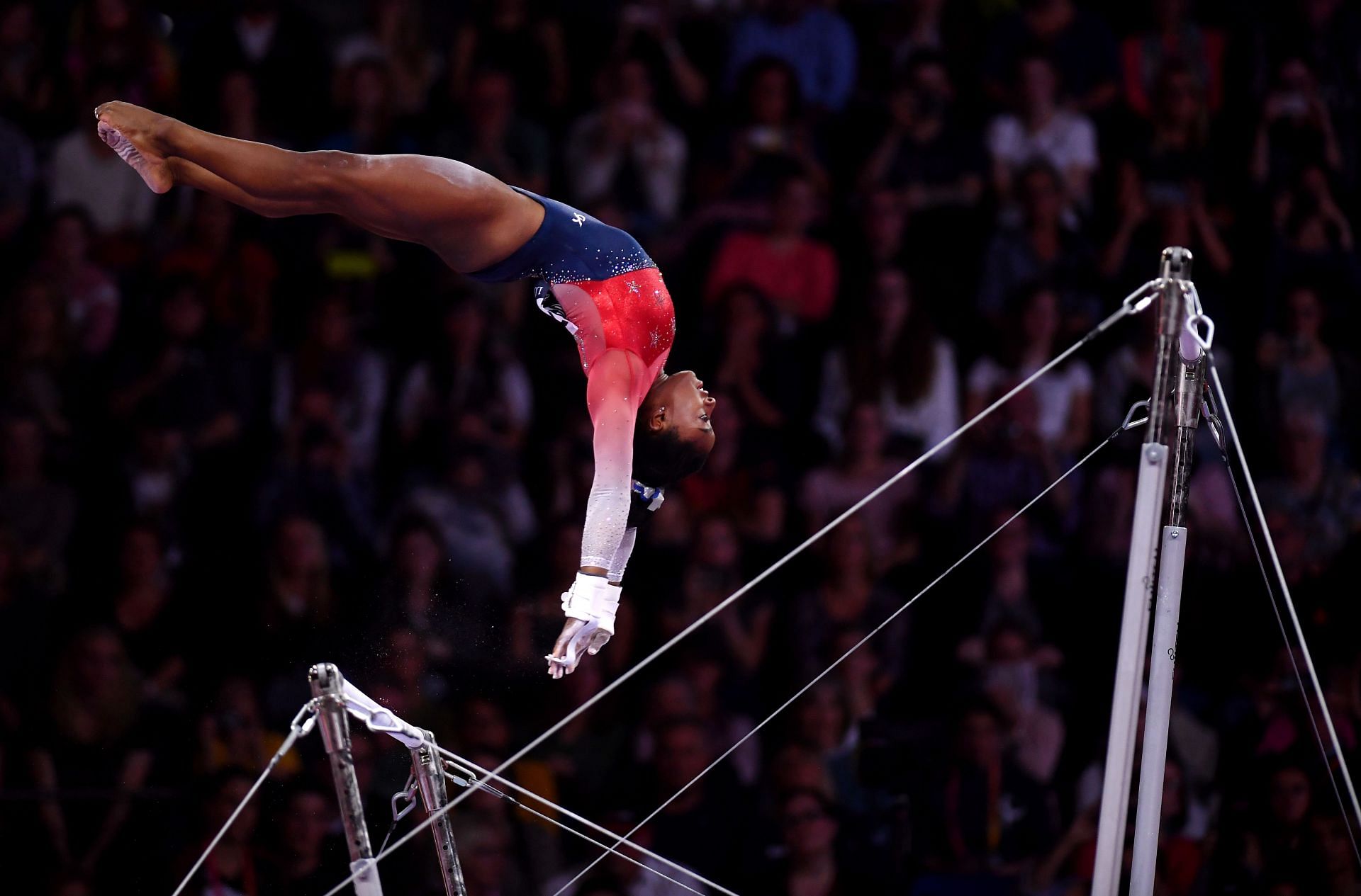 Biles on uneven bars at the 2019 Artistic Gymnastics World Championships