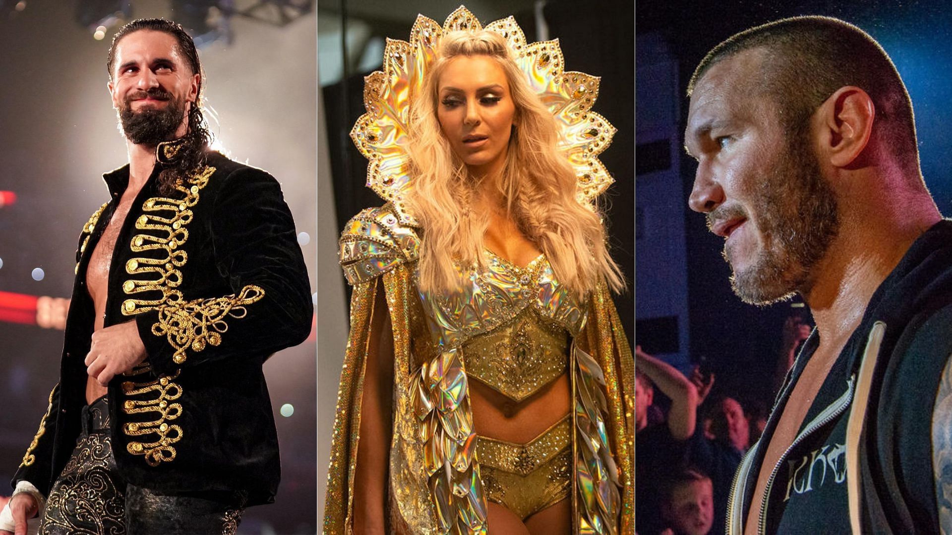 Seth Rollins (left); Charlotte Flair (center); Randy Orton (right)