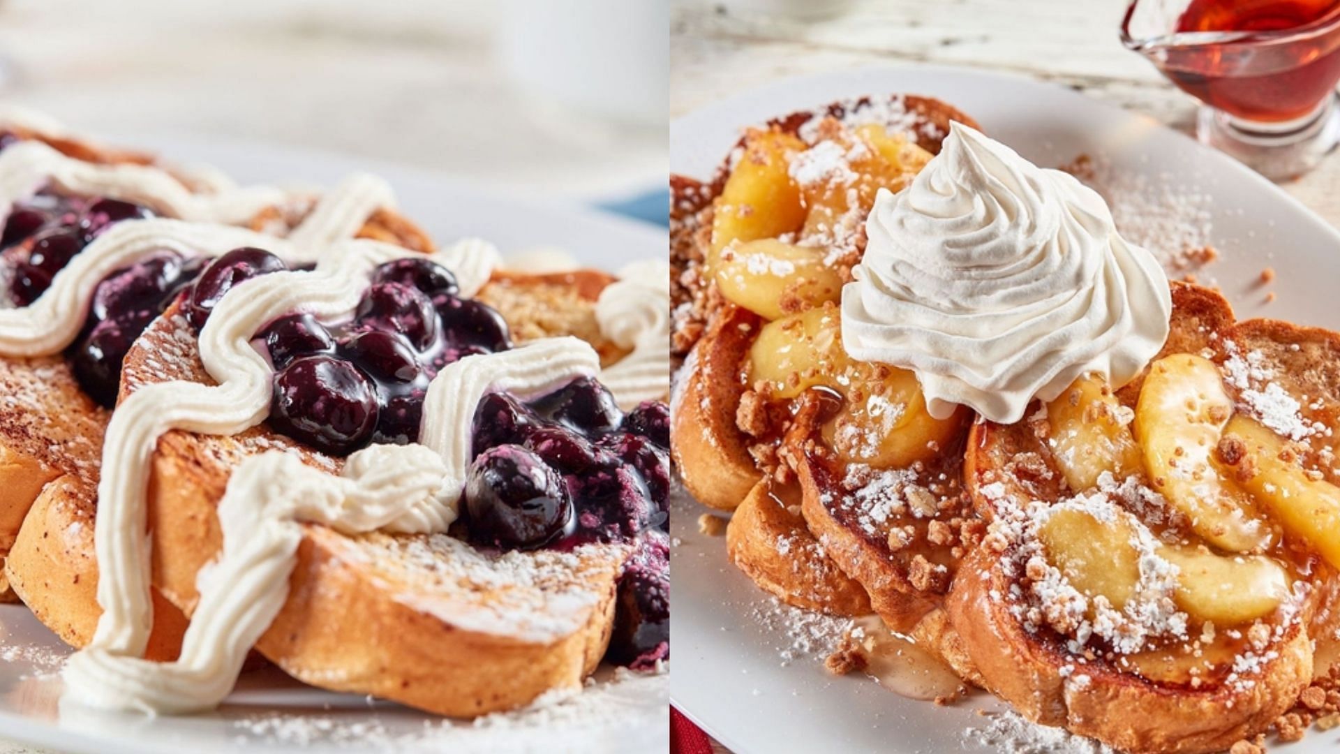 Blueberry Cheesecake Topped French Toast and the Apple Streusel Topped French Toast from the returning Sweet &amp; Savory French Toast line-up (Image via Huddle House)