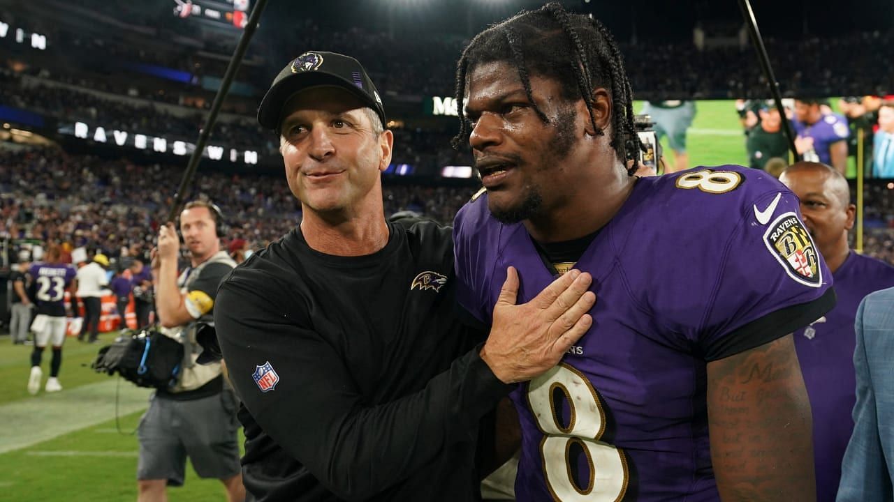 (L-to-R) John Harbaugh and Lamar Jackson