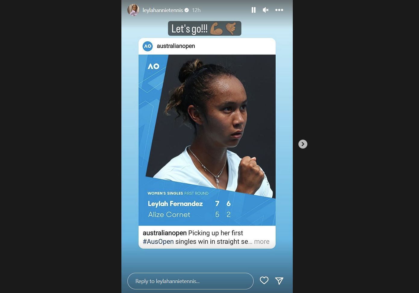 Via Instagram - Leylah Fernandez reacts to her 2023 Australian Open win.