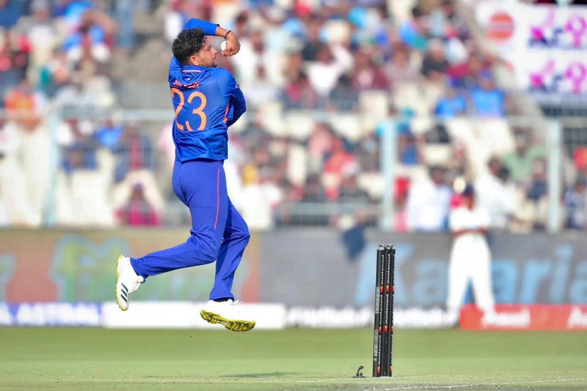 Team India spinner Kuldeep Yadav was the Player of the Match for his three-fer. Pic: BCCI