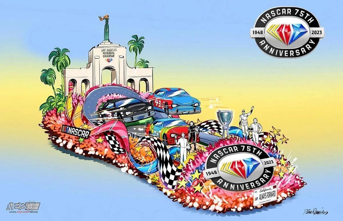 Drawing of the NASCAR themed float for the 2023 Rose Bowl Parade