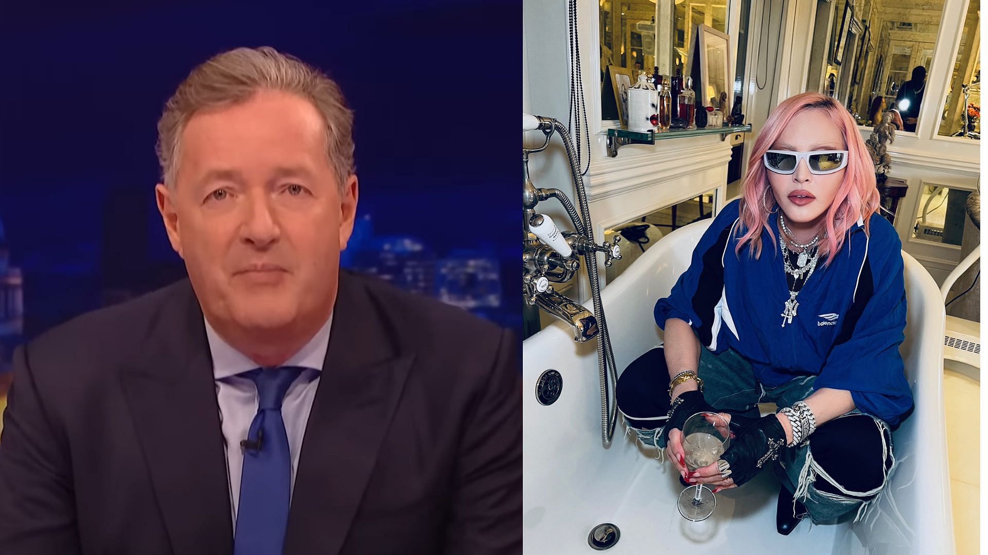 Piers Morgan lambasted for calling Madonna too old for her antics post her 40th anniversary tour announcement (Image via PiersMorganUncensored/YouTube &amp; Madonna/Twitter).